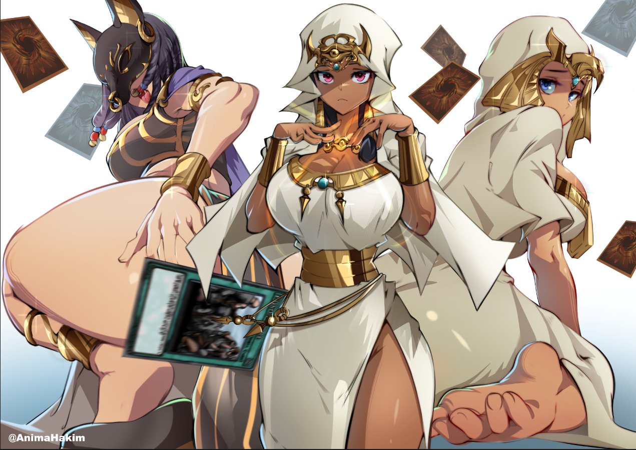 3girls, ancient egyptian, ancient egyptian clothes, animahakim, artist name, ass, barefoot, bent over, black mask, black shoes, blue eyes, bracelet, breasts, dark skin, dark-skinned female, dress, duel monster, eye of horus, female, female only, gold bracelet, gravekeeper's spiritualist, headgear, isis ishtar, jewelry, large breasts, looking at viewer, mask, mask on head, millennium necklace, multiple females, multiple girls, open mouth, painful choice, red eyes, shoes, side slit, tan, thick thighs, thighs, toenails, toes, trading card, twitter username, white background, white dress