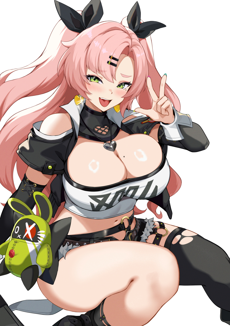 1girls, amillion (zenless zone zero), bangboo (zenless zone zero), bare shoulders, black jacket, black ribbon, black shorts, black thighhighs, blue nails, blush, breasts, cleavage, clothing cutout, crop top, cropped jacket, detached sleeves, earrings, female, female only, fingernails, glint, green eyes, hair ornament, hair ribbon, hairclip, heart, heart cutout, heart earrings, heart necklace, jacket, jewelry, jirusu, large breasts, long hair, looking at viewer, mole, mole on breast, mole under eye, navel, necklace, nicole demara, o-ring, open mouth, pink hair, pink nails, ribbon, short shorts, short sleeves, shorts, shoulder cutout, single thighhigh, smile, solo, strapless, teeth, thighhighs, thighs, tongue, tongue out, torn clothes, torn thighhighs, tube top, two side up, upper teeth, w, white background, white tube top, yellow nails, zenless zone zero