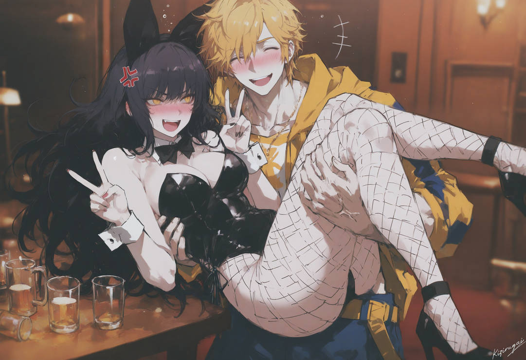 ai, ai generated, ai-created, blake belladonna, blush, bunnysuit, female, fishnet legwear, jaune arc, kizirugai, peace sign, rwby