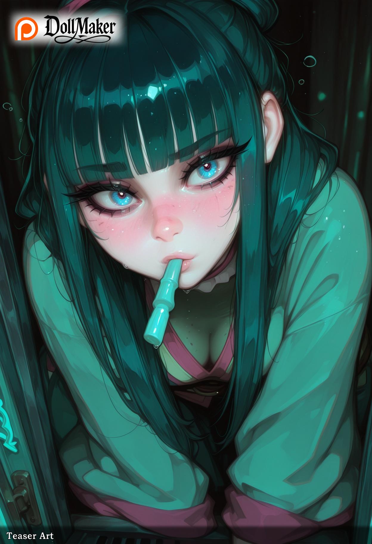 ai_generated aqua_hair artist_name bangs blue_eyes blunt_bangs blush breasts deviantart_username dollmaker dollmaker_(artist) dripping female food food_in_mouth green_hair hair_bun long_hair looking_at_viewer mouth_hold patreon_username popsicle solo tagme twitter_username watermark web_address
