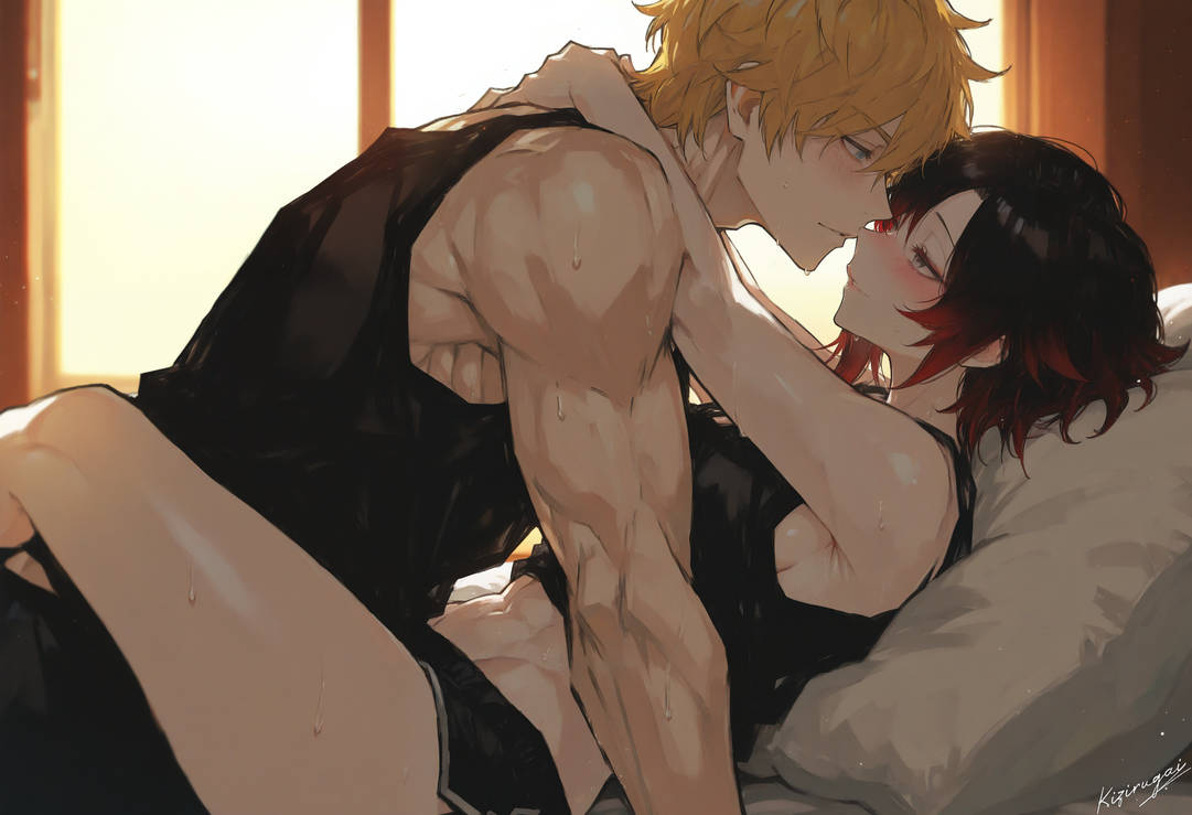 ai, ai generated, ai-created, blush, female, jaune arc, kizirugai, male, ruby rose, rwby, toned female, toned male