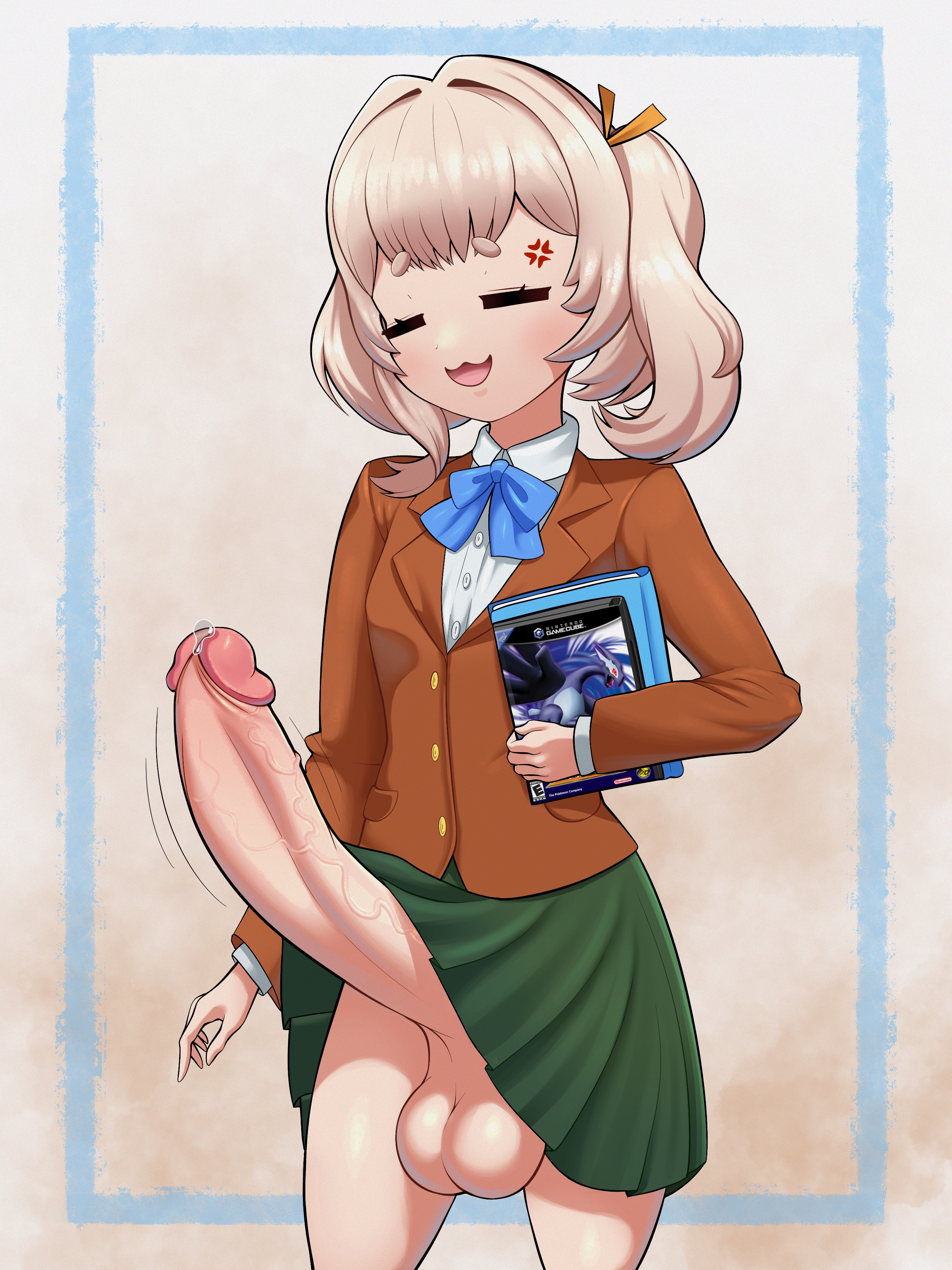 1futa, alternate version available, asakura mao (cosplay), balls, big balls, big penis, blonde hair, blush, blushing, breasts, closed eyes, closed eyes smile, clothed, clothing, erection, foreskin, fully retracted foreskin, futa only, futabu, futanari, genital fluids, genitals, hi res, highres, holding object, huge cock, intersex, light skin, light-skinned futa, long penis, long sleeves, marimari en, medium hair, mostly clothed, motion lines, no panties, penis, penis under skirt, petite, petite body, phase connect, pokemon, pokemon xd, precum, retracted foreskin, sfw version available, shiny hair, simple background, skirt, sleepiitreat, small breasts, solo, solo futa, testicles, uncircumcised, uniform, vein, veiny penis, virtual youtuber, vtuber
