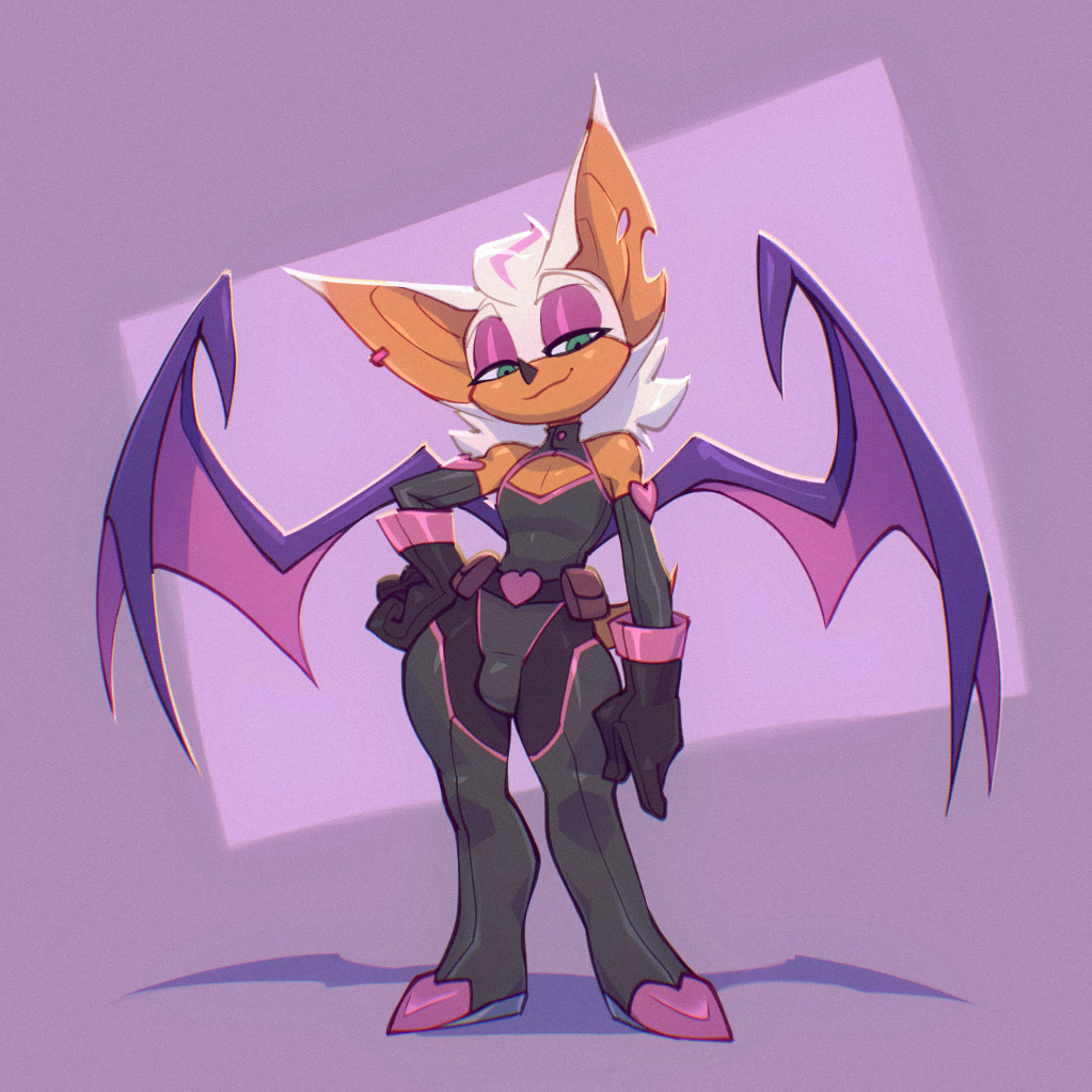 1boy, anthro, bat, bat ears, bat girl, bat wings, bigdad, bulge, ear piercing, female, femboy, genderswap, genderswap (ftm), half-closed eyes, hand on hip, hourglass figure, looking at viewer, male, male only, male rouge, rouge the bat, rule 63, seductive look, seductive smile, sega, smirk, sonic (series), sonic the hedgehog (series), spandex, thick thighs, tight clothing, white hair, wide hips