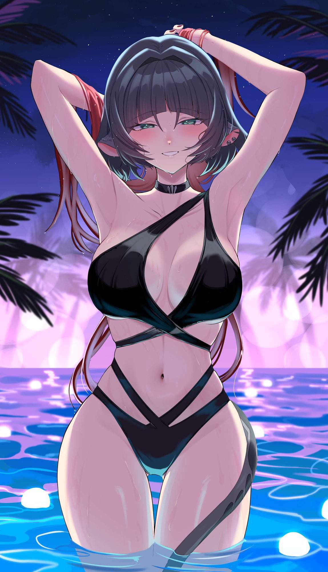 1girls, alternate costume, ameo, animal ear piercing, animal ears, arched bangs, armpits, bikini, black bikini, black choker, black hair, blunt bangs, blush, breasts, choker, colored inner hair, commentary request, female, female only, green eyes, grin, hands in own hair, highres, jane doe (zenless zone zero), large breasts, long hair, looking at viewer, mouse ears, mouse girl, mouse tail, multi-strapped bikini bottom, multi-strapped bikini top, multicolored hair, navel, night, palm leaf, palm tree, pool, red hair, ruaruayana, smile, solo, standing, star (sky), swimsuit, tail, tail around own leg, tail wrap, tree, two-tone hair, very long hair, wading, water, water drop, wet, zenless zone zero