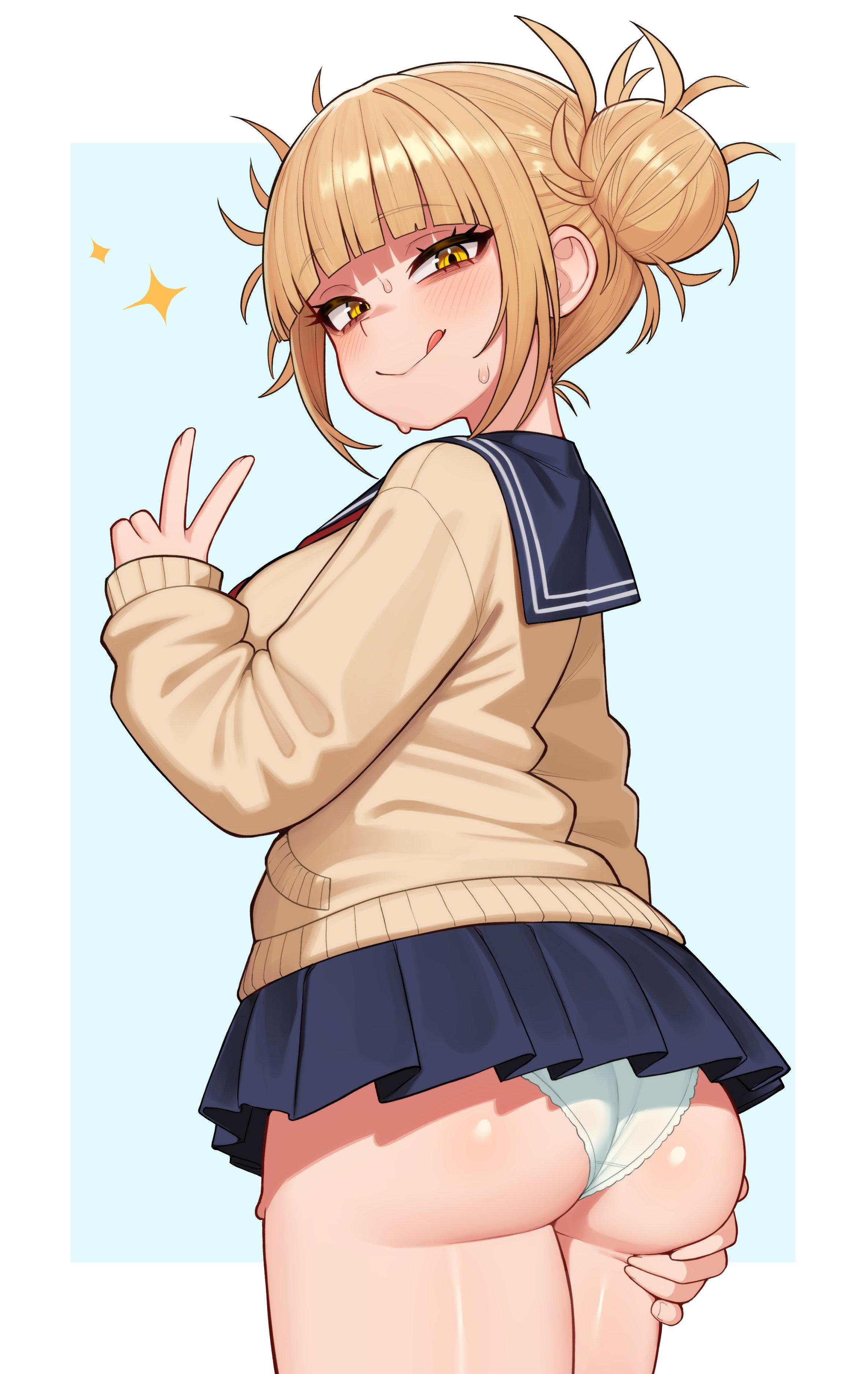 1girls, ass, big ass, blonde hair, blonde-haired female, blue skirt, blush, bottomwear, clothing, double bun, female, female only, grabbing own ass, hair, hair bun, hand on ass, himiko toga, looking back, moursho, my hero academia, panties, peace sign, school uniform, schoolgirl, schoolgirl uniform, short skirt, skirt, smile, solo, solo female, sparkles, standing, thighs, tongue, tongue out, topwear, white panties, yellow eyes