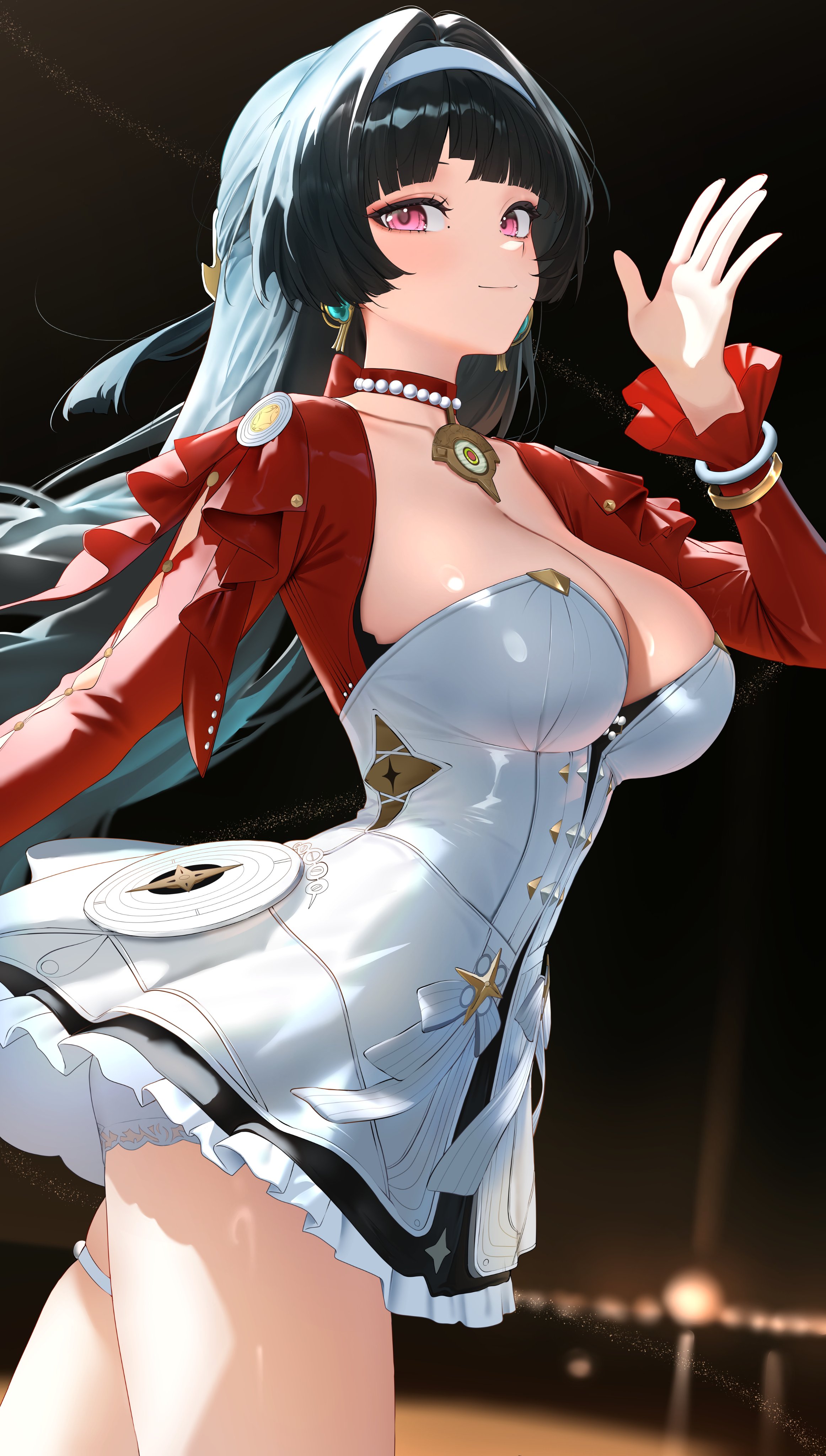 1girls, absurdres, astra yao, black background, black hair, bracelet, breasts, closed mouth, collarbone, earrings, female, female only, from side, hair ornament, hairband, hand up, highres, hirahiragi (h1rqg1), jewelry, large breasts, long hair, long sleeves, looking at viewer, looking to the side, mole, purple eyes, simple background, smile, thigh strap, white hairband, zenless zone zero