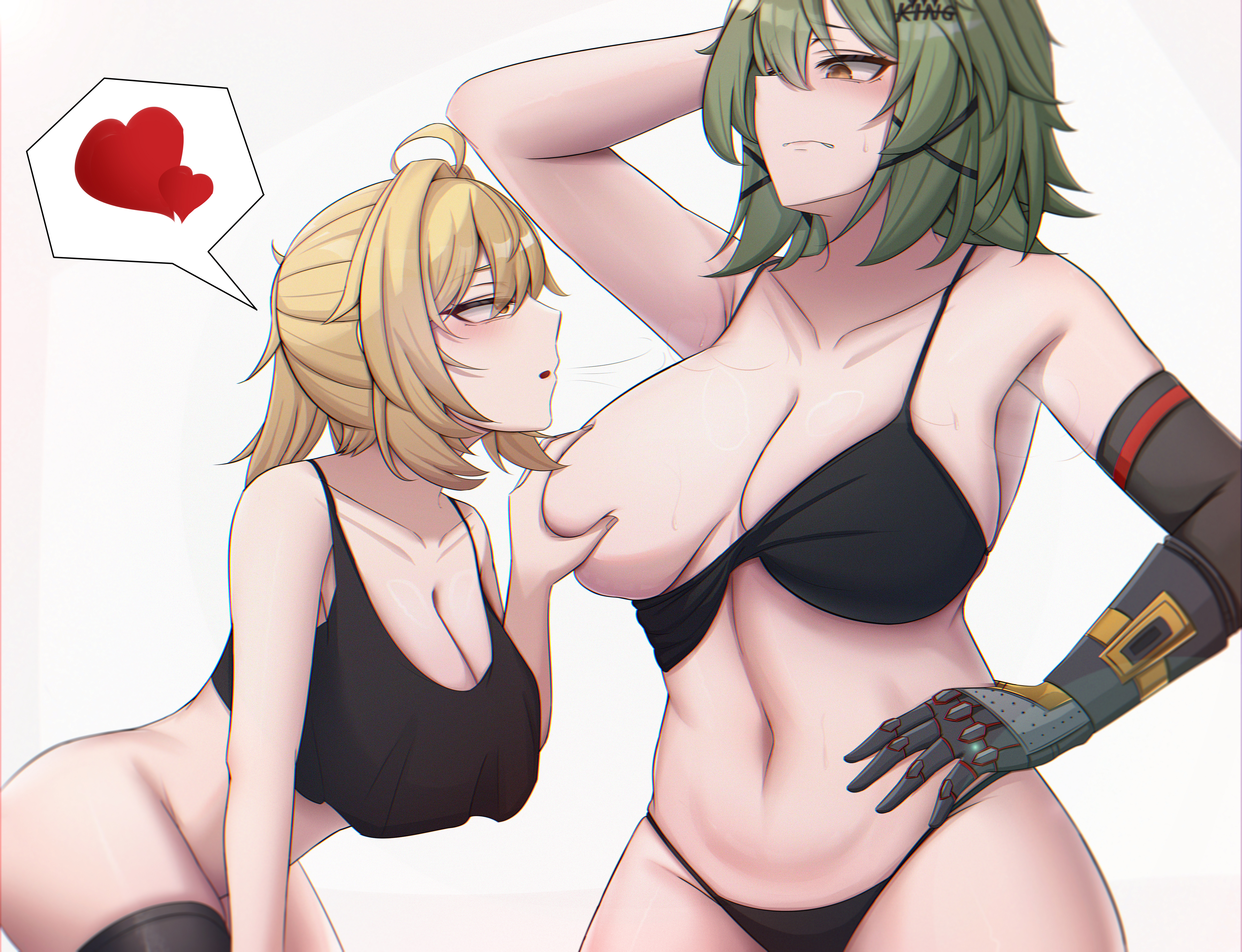 2girls, absurdres, azmax, bad id, bad pixiv id, black bra, black panties, black tank top, black thighhighs, blonde hair, bottomless, bra, bra pull, breasts, caesar king, caesar king (zenless zone zero), cleavage, clothes pull, collarbone, commentary request, female, female only, grabbing another's breast, green hair, groping, heart, highres, looking at another, luciana de montefio, medium hair, multiple females, multiple girls, navel, one breast out, orange eyes, panties, prosthesis, prosthetic arm, short hair, shy, simple background, spoken heart, stomach, tank top, thighhighs, thighs, underwear, white background, yuri, zenless zone zero