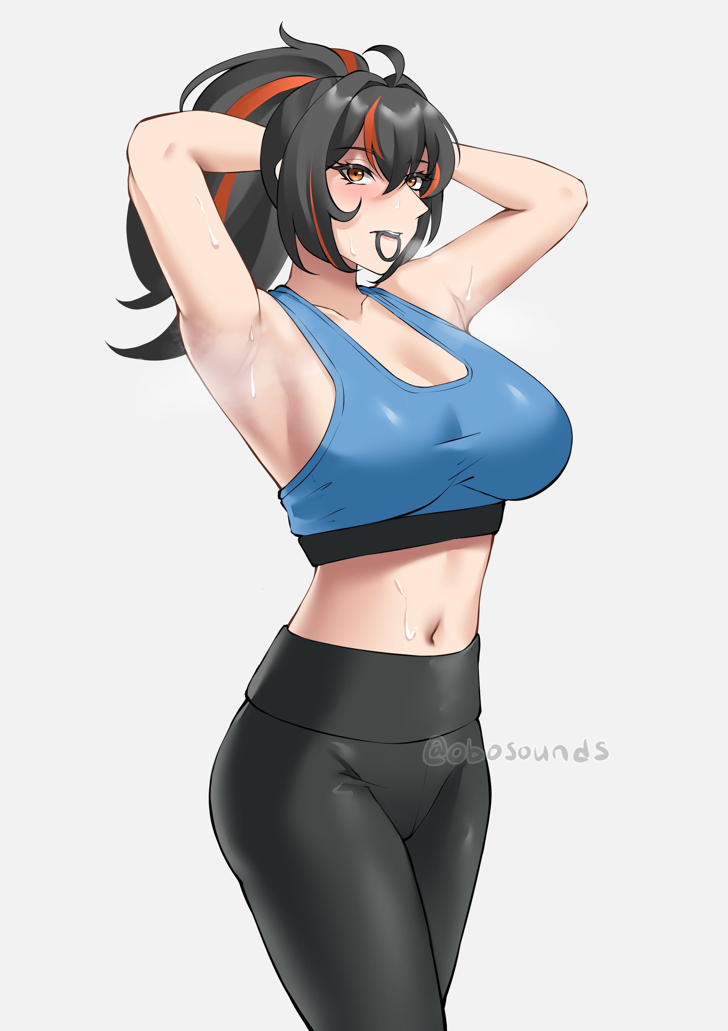 absurdres, ahoge, armpits, arms up, artist name, bare arms, bare shoulders, black hair, black pants, breasts, cleavage, commentary, crop top, english commentary, female, female only, grey background, hair between eyes, hair tie in mouth, highres, large breasts, leggings, long hair, looking at viewer, midriff, mouth hold, multicolored hair, navel, obosounds, orange eyes, orange hair, pants, ponytail, simple background, solo, sports bra, standing, stomach, streaked hair, sweat, thighs, twitter username, yoga pants, zenless zone zero, zhu yuan