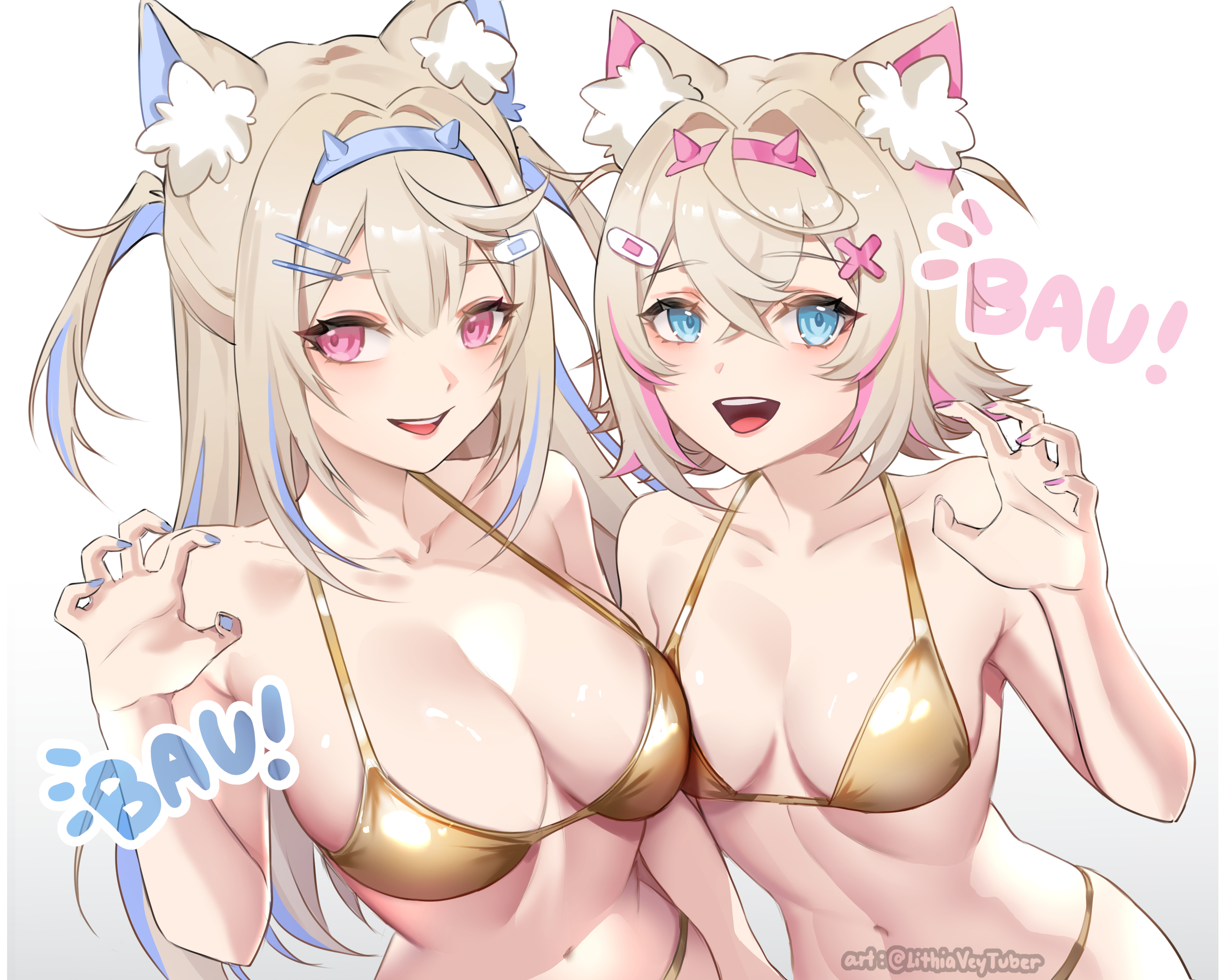 2girls, bikini, blonde hair, blue eyes, blue hair, blue nails, dog ears, dog girl, female, female only, fuwamoco, fuwawa abyssgard, golden week, hairband, hairclip, hololive, hololive english, hololive english -advent-, light skin, light-skinned female, lithiaveytuber, long hair, looking at viewer, mococo abyssgard, nail polish, pink eyes, pink hair, pink nails, short hair, sisters, twins, two-tone hair, virtual youtuber, yellow bikini
