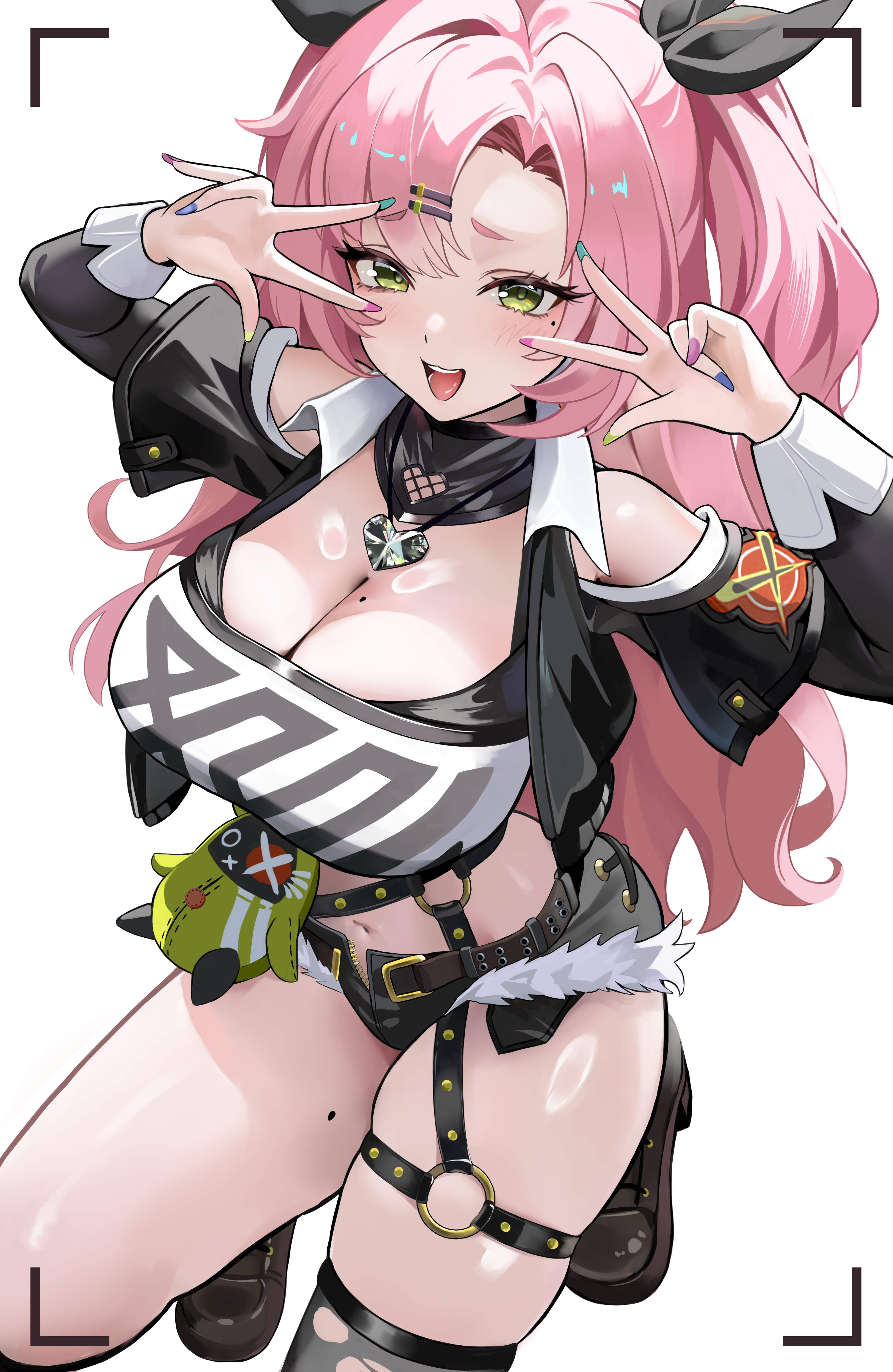 1girls, absurdres, amillion (zenless zone zero), belt, black belt, black shoes, black shorts, breasts, cleavage, crop top, double v, female, female only, green eyes, hair ornament, hairclip, highres, large breasts, long hair, micro shorts, midriff, mole, mole on breast, mole on thigh, mole under eye, nail polish, navel, nicole demara, open fly, open mouth, pink hair, shoes, shorts, single thighhigh, solo, thaba, thigh belt, thigh strap, thighhighs, thighs, torn clothes, torn thighhighs, twintails, v, viewfinder, white background, zenless zone zero
