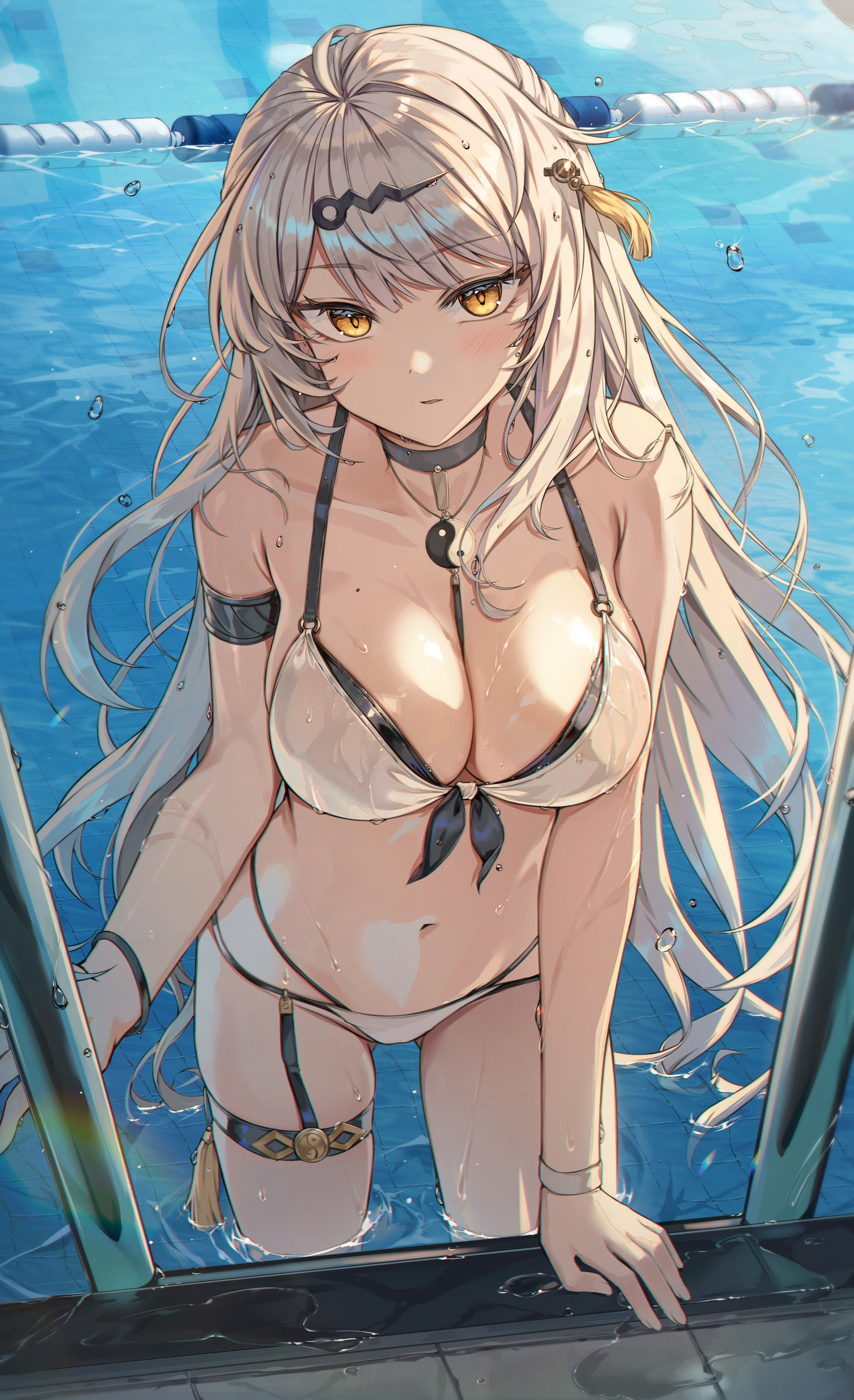 1girls, absurdres, alternate costume, armlet, armpit crease, ass visible through thighs, bare shoulders, bikini, black choker, bracelet, breasts, choker, cleavage, collarbone, commentary request, female, female only, front-tie bikini top, front-tie top, grey hair, groin, hair ornament, highres, jewelry, large breasts, light blush, long hair, looking at viewer, luzzi (milllim), mole, mole on breast, multi-strapped bikini bottom, navel, parted lips, pool, revision, solo, stomach, swimsuit, thigh strap, very long hair, wading, wet, white bikini, yellow eyes, yin yang, yixuan (zenless zone zero), yunkui summit, zenless zone zero