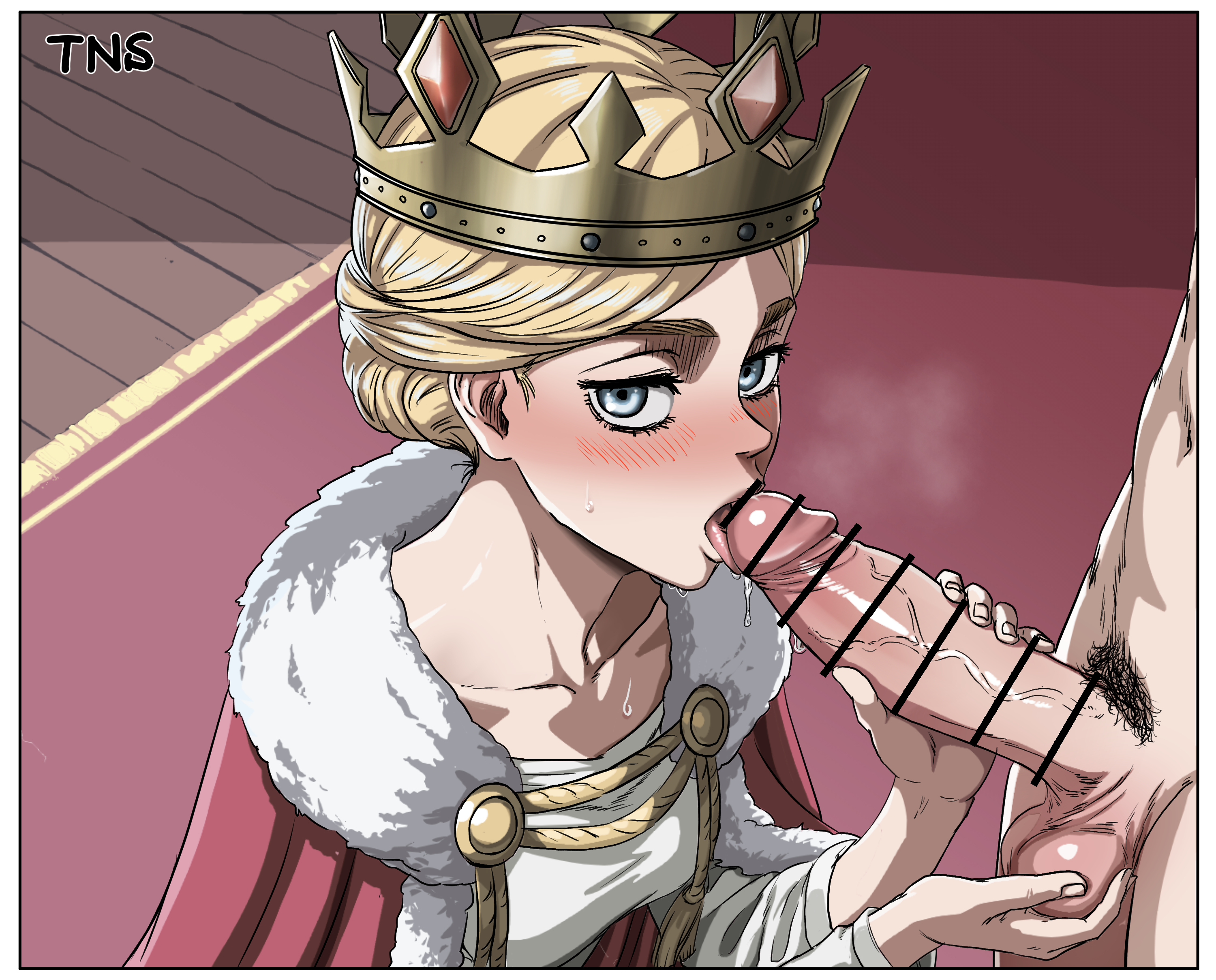 1boy, 1girls, attack on titan, blonde female, blonde hair, blowjob, blue eyes, carpet, classy, classy female, crown, fancy, fancy clothing, female, fur cape, fur clothing, hair bun, historia reiss, male, oral, oral sex, penis, penis out, queen, rich, rich female, royal, royalty, shingeki no kyojin, straight, straight sex, tied hair, tns, unseen male, wealthy, wealthy female, wooden floor