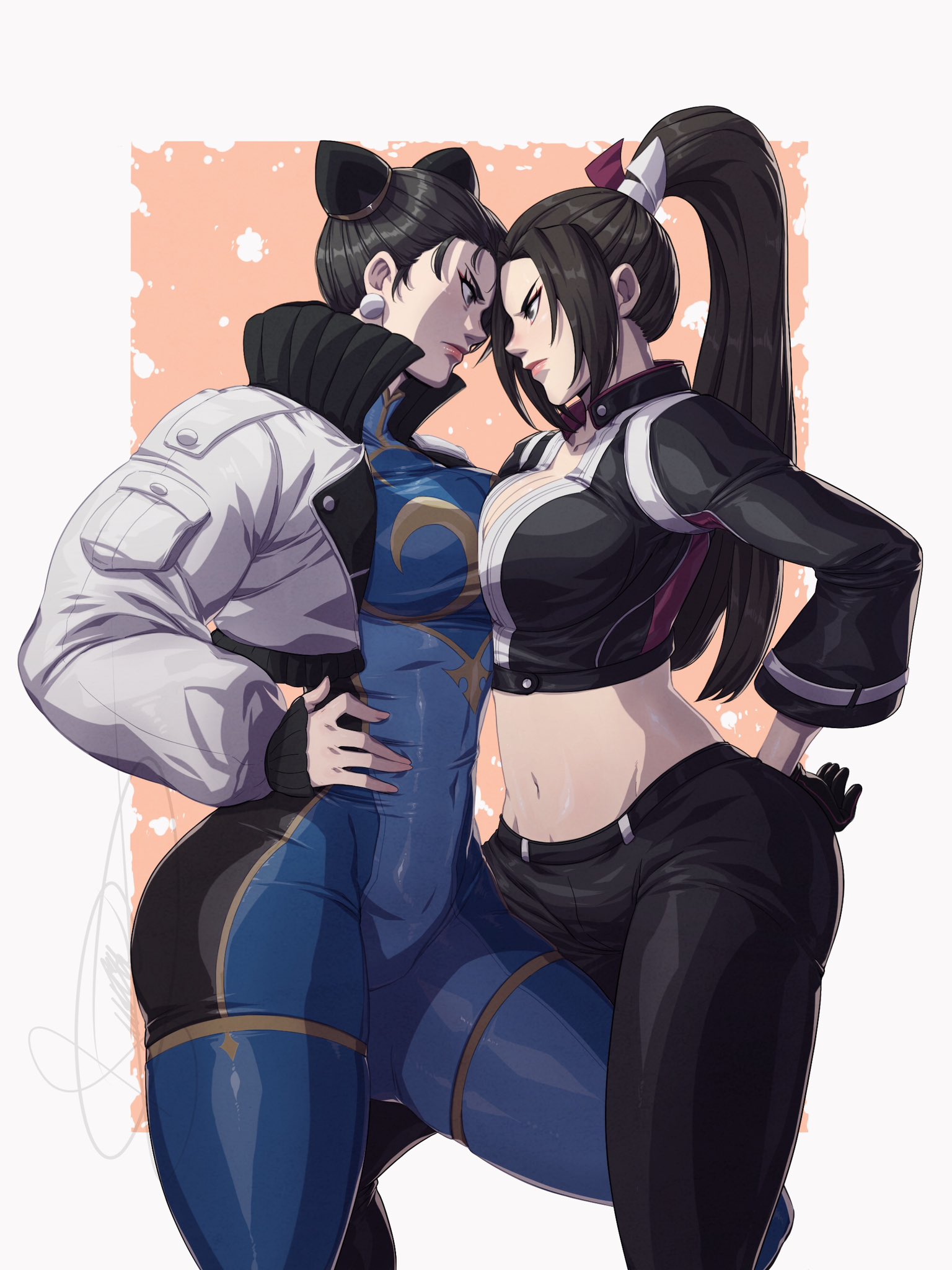 2025, 2girls, akiman pose, black jumpsuit, breast contest, breast press, breast to breast, breasts, brown eyes, brown hair, bun cover, catfight, china dress, chinese clothes, chun-li, commentary, confrontation, crossover, double bun, dr potemkin, dress, earrings, english commentary, eye contact, face-to-face, faceoff, fatal fury, fatal fury: city of the wolves, female, h potemkin, hair bun, highres, jewelry, jpeg artifacts, jumpsuit, large breasts, leather, leather pants, long hair, looking at another, mai shiranui, mai shiranui (city of the wolves), midriff, motoyui, multiple females, multiple girls, navel, noses touching, pants, parody, pearl earrings, ponytail, rivalry, snk, staredown, street fighter, symmetrical docking