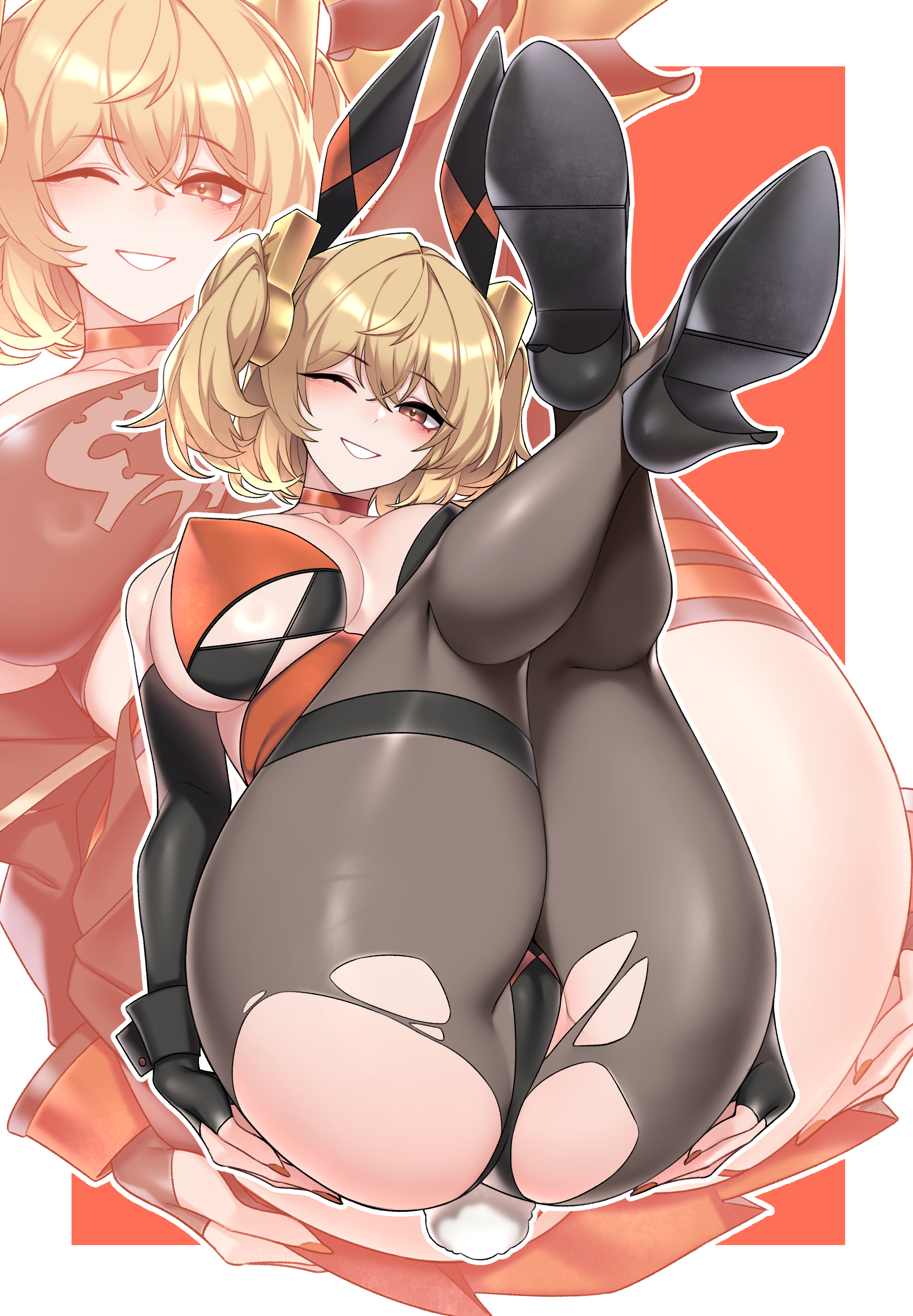 1girls, absurdres, animal ear hairband, animal ears, ass, bare shoulders, black gloves, black pantyhose, black shoes, black skirt, black tube top, blonde hair, blush, border, breasts, burnice white, choker, collarbone, commentary request, crop top, crossed ankles, crossed bangs, dogs (dlrkdejr26), elbow gloves, fake animal ears, female, female only, fingerless gloves, fingernails, gloves, hair between eyes, hair ornament, hairband, high heels, highres, huge ass, korean commentary, large breasts, legs up, leotard, looking at viewer, multicolored leotard, nail polish, one eye closed, outline, outside border, pantyhose, rabbit ear hairband, rabbit ears, rabbit tail, red background, red choker, red eyes, red nails, shoes, skirt, smile, strapless, strapless leotard, tail, thick thighs, thigh strap, thighs, torn clothes, torn pantyhose, tube top, two side up, white border, white outline, zenless zone zero, zoom layer