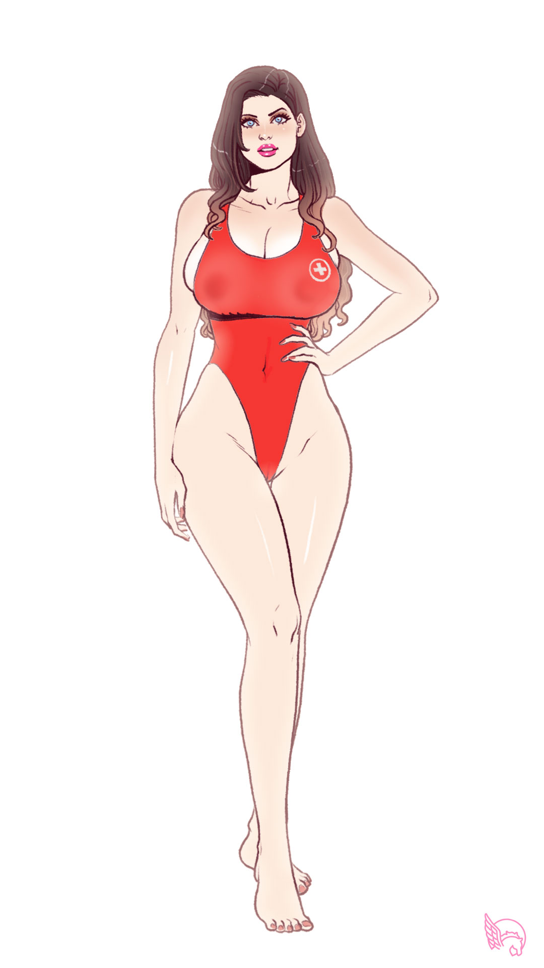 1girls, alexandra daddario, barefoot, baywatch (franchise), big breasts, bimbo, bimboctober, bimbofied, blue eyes, breasts, brown hair, brunette, celebrity, female, female focus, female only, hand on hip, lifeguard, lifeguard swimsuit, lipstick, looking at viewer, pale skin, pale-skinned female, pegasus (artist), pinup, real person, solo, solo female, solo focus, summer quinn, swimsuit