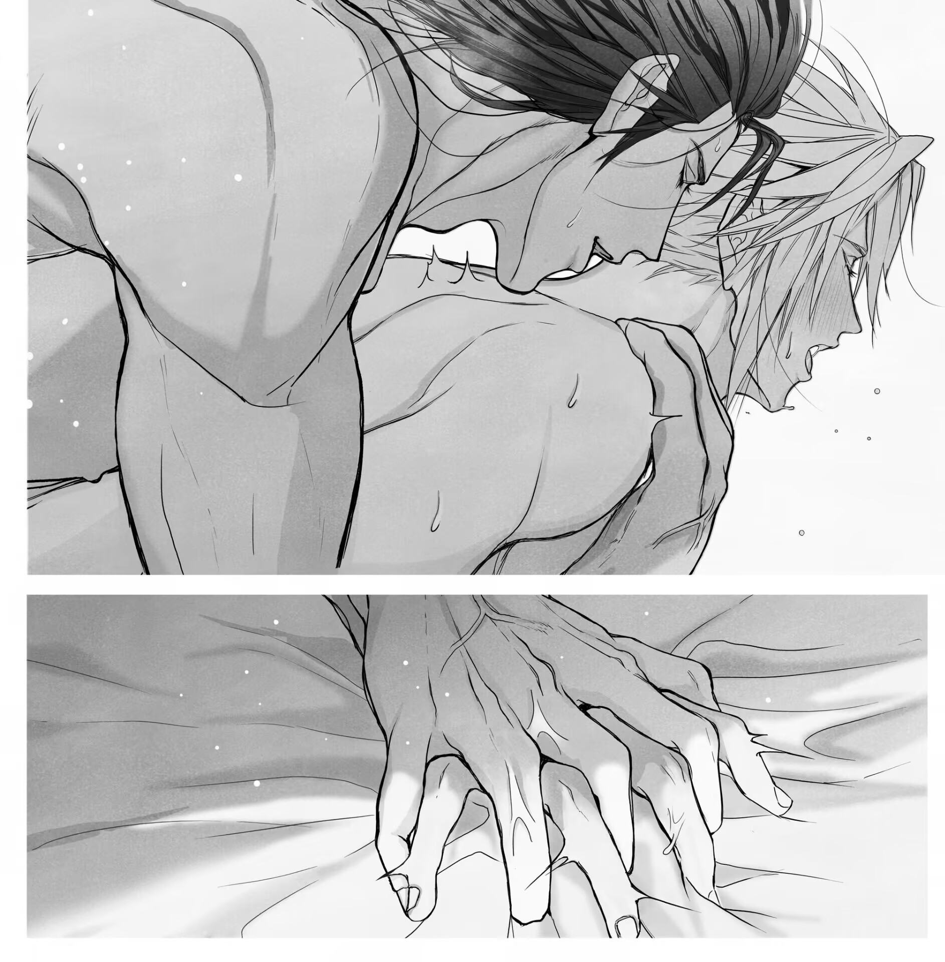 2boys, blush, closed eyes, cloud strife, final fantasy, final fantasy vii, gay, gay sex, greyscale, gripping sheets, holding hands, implied anal, implied penetration, implied sex, male, male/male, monochrome, muscular, muscular male, naked, nude, on bed, panels, sex from behind, square enix, swear, tagme, white background, yaoi, zack fair