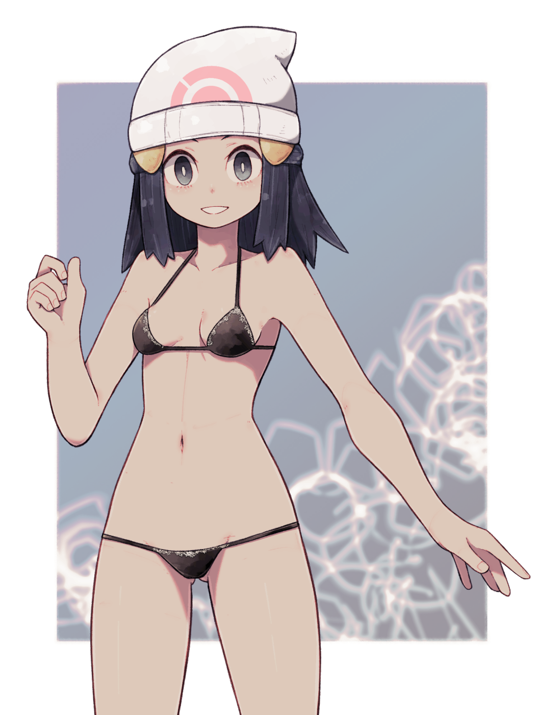 1girls, alternate outfit, armpits, belly, bikini, breasts, dawn (pokemon), eye contact, female, female only, hat, human, human only, lamb-oic029, looking at viewer, midriff, navel, nintendo, pokemon, pokemon dppt, small breasts, solo, thick thighs, thigh gap