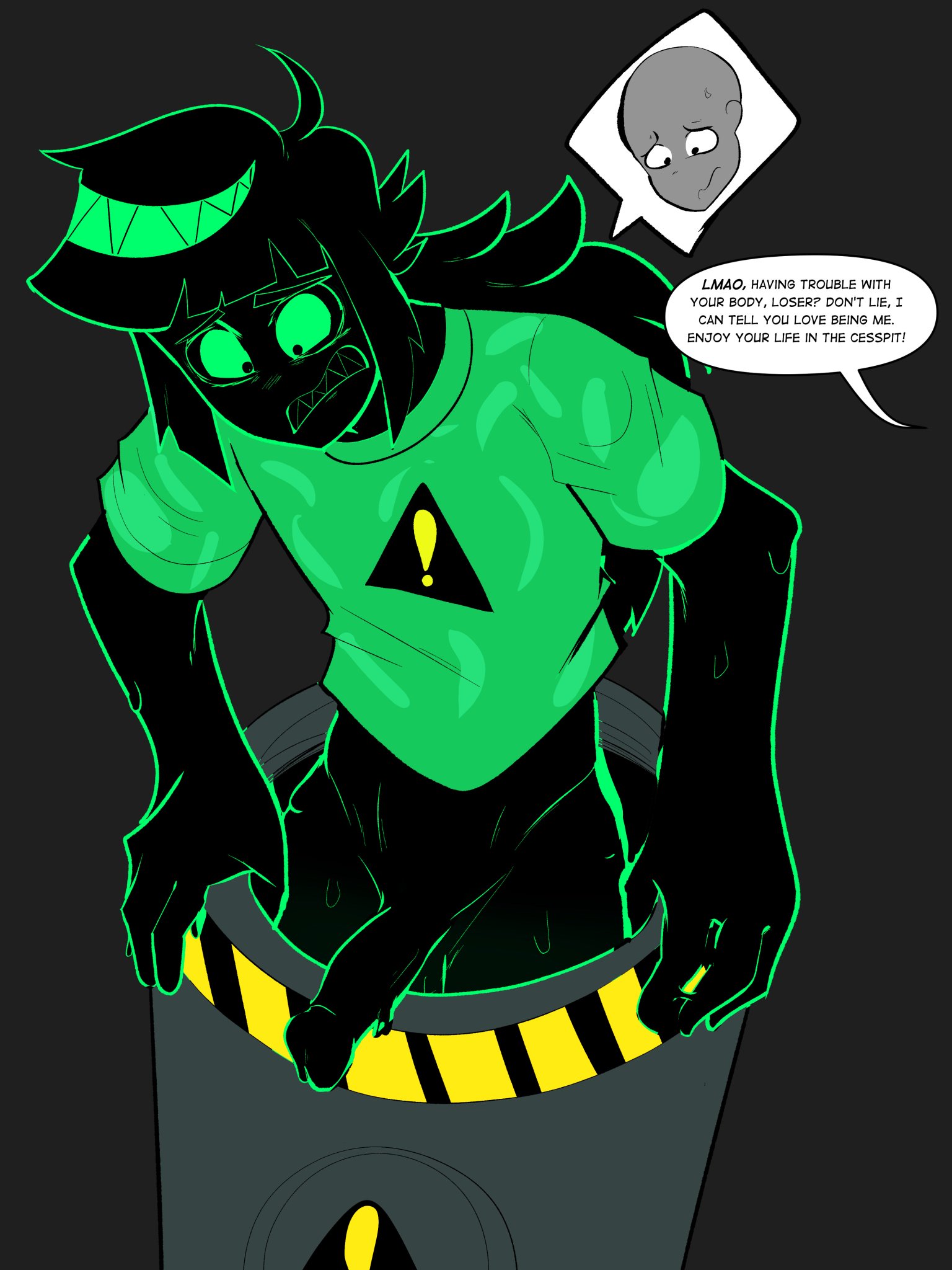 !, 1male, anon, bangs, barrel, blush, blushing, body swap, bottomless, circumcised, circumcised penis, embarrassed, embarrassed male, english text, green skin, grimace, hair mouth, looking at own penis, looking at penis, looking down, male, male only, penis, penis out, phi (phisnom), phisnom, ponytail, sharp teeth, shirt only, solo male, speech bubble, symbol, thighs, triangle, verteeg