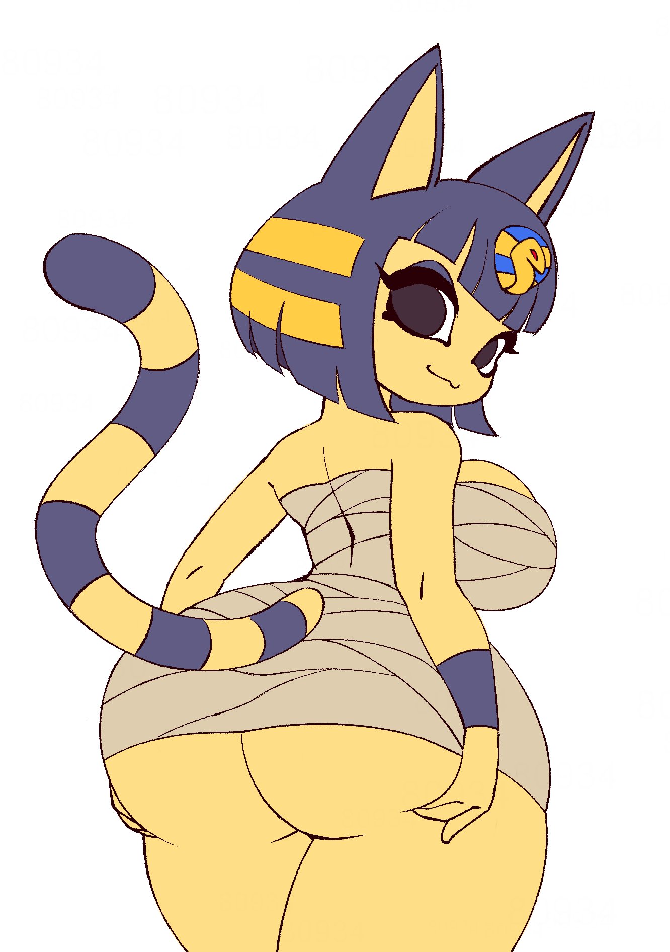 :3, 1girls, 4 fingers, alternate breast size, animal crossing, animal ear, animal ears, ankha, anthro, ass, ass grab, back, bandages, bangs, bare shoulders, big ass, big breasts, big ears, big eyes, black eyes, blonde hair, blue fur, blue hair, blunt bangs, bob cut, breasts, cat ears, cat girl, cat humanoid, cat tail, chubby, cleavage, closed mouth, clothed, clothes, colored skin, cowboy shot, cute, dress, egyptian, egyptian clothes, elbows, eye contact, eyelashes, eyeshadow, female, female only, flat colors, from behind, furry, furry female, gauntlets, grabbing own ass, grey dress, hair ornament, huge ass, huge breasts, large breasts, looking at viewer, looking back, low-angle view, makeup, medium hair, monster girl, mummy costume, mummy wrappings, neoteny, nintendo, nitro, pose, presenting hindquarters, rear view, revealing clothes, short dress, short hair, sideboob, simple background, smile, snake hair ornament, solo, standing, striped tail, stripes, tail, thick thighs, thighs, white background, wide hips, wrappings, wraps, yellow fur, yellow skin