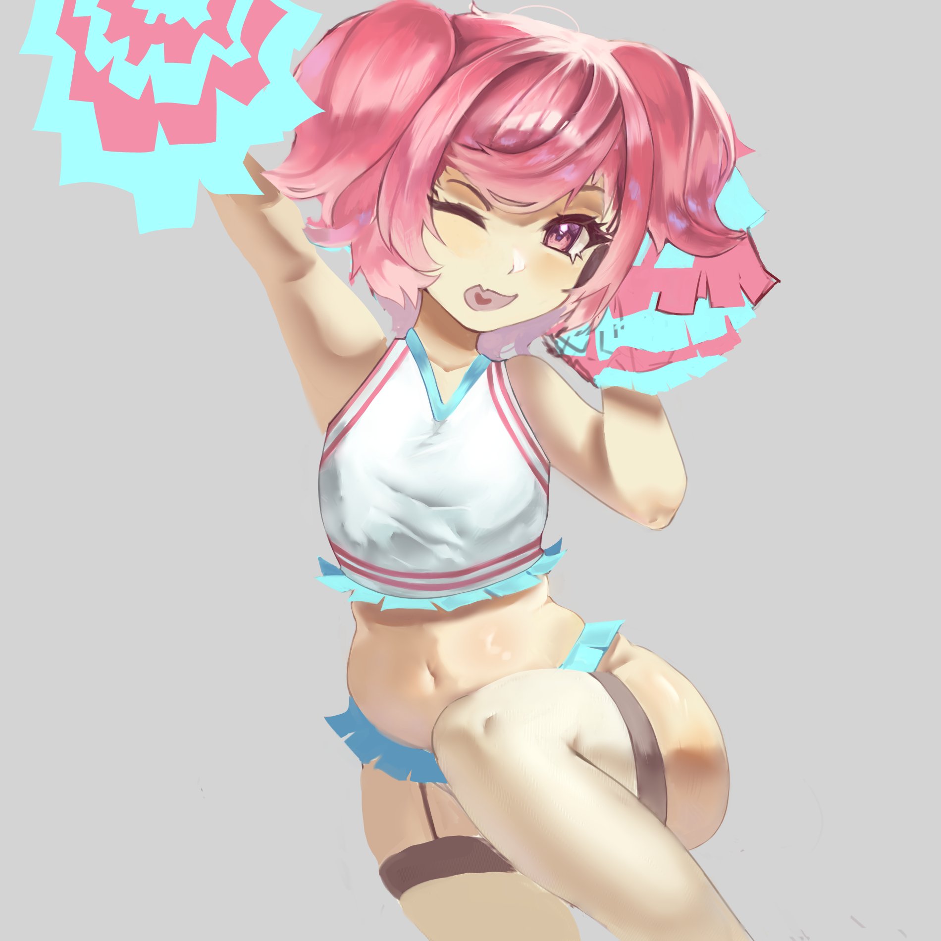 1girls, cheerleader, cheerleader outfit, cheerleader pose, cheerleader uniform, doki doki literature club, female, natsuki (doki doki literature club), pink eyes, pink hair, pom poms, posing, sour yams