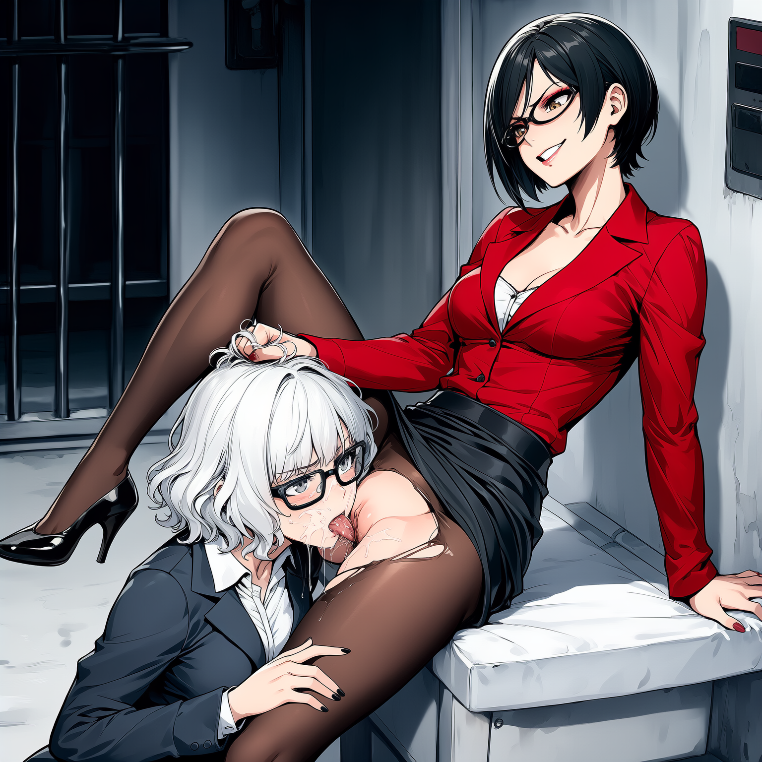 ada wong, ai generated, cunnilingus, female, glasses, grabbing hair, grace ashcroft, grace ashcroft (fbi outfit), hair grab, licking pussy, oral, pantyhose, pulling hair, pussy, pussy juice, pussy juice drip, pussy juice on face, resident evil, resident evil 9: requiem, tagme, yuri