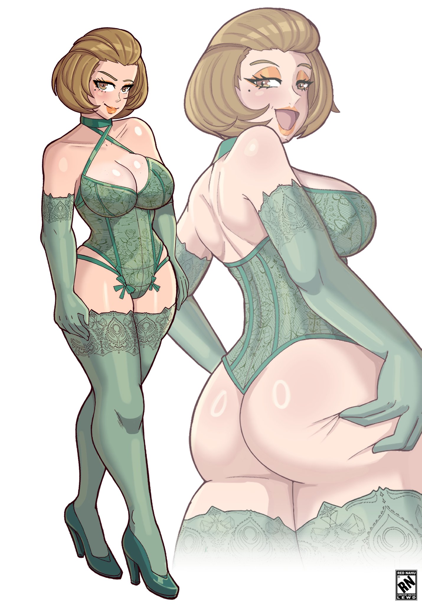1girls, armwear, ass, big ass, big breasts, breasts, brown eyes, brown hair, cleavage, close-up, corset, elbow gloves, eyeshadow, female, female only, fire emblem, fire emblem: three houses, footwear, full body, gloves, green corset, green gloves, green thighhighs, hair, half-closed eyes, hand on ass, heels, high heels, lace, lace trim, lace-trimmed gloves, lace-trimmed thighhighs, legs, legwear, lingerie, lips, lipstick, looking back, manuela casagranda, mature, mature female, mature woman, milf, mole, mole under eye, nahusmash, orange lips, orange lipstick, short hair, sideboob, solo, solo female, thighhighs, thighs