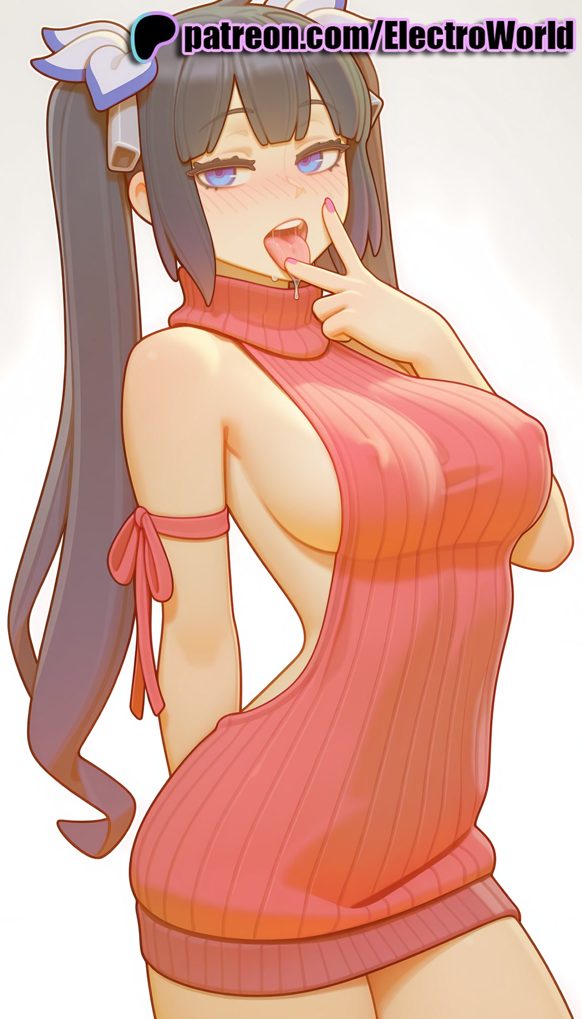 1girls, 2025, ai generated, artist name, black hair, blue eyes, blush, breasts, bust, chest, dungeon ni deai wo motomeru no wa machigatteiru darou ka, electroworld, eyebrows visible through hair, female, hestia (danmachi), hi res, high quality, high resolution, highres, long hair, meme attire, naked sweater, patreon, patreon username, pink sweater, ribbed sweater, ribbon, sideboob, solo, stable diffusion, sweater, turtleneck, turtleneck sweater, twintails, virgin killer sweater, watermark