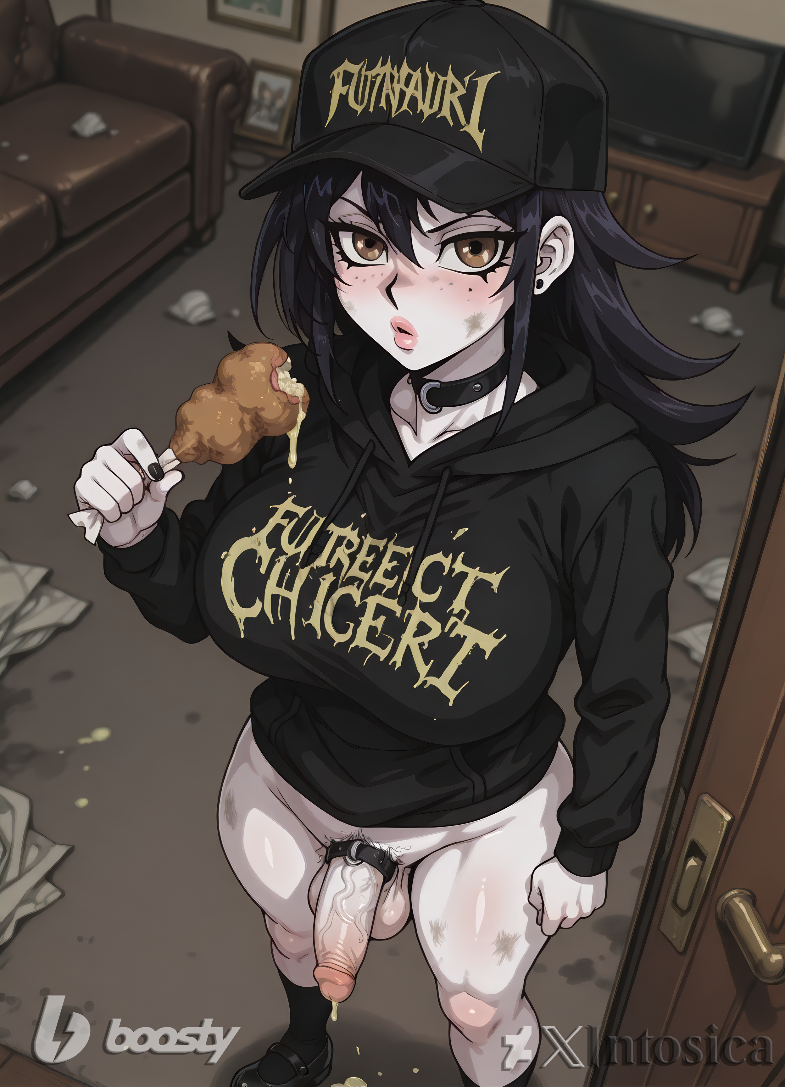 1futa, ai generated, artist name, balls, baseball cap, black choker, black collar, black footwear, black hair, black headwear, black hoodie, black nails, black socks, blurry, blurry background, blush, bottomless, breasts, brown eyes, choker, clenched hand, closed mouth, clothes writing, collar, collarbone, colored skin, couch, cum, dirty, dirty clothes, door, doorway, drawstring, ear piercing, earrings, english text, erection, female, female pubic hair, food, foreskin, freckles, fried chicken, futanari, hair between eyes, hat, holding, holding food, hood, hood down, hoodie, indoors, intersex, intosica, jewelry, large breasts, large penis, lips, long hair, long sleeves, looking at viewer, meat, messy, messy room, mole, mole under eye, on couch, open door, original character, pale skin, penis, piercing, pubic hair, shoes, socks, solo, spill, stain, standing, stray pubic hair, television, testicles, uncensored, uncircumcised, used tissue, veins, veiny penis, watermark, white skin, yu-gi-oh!