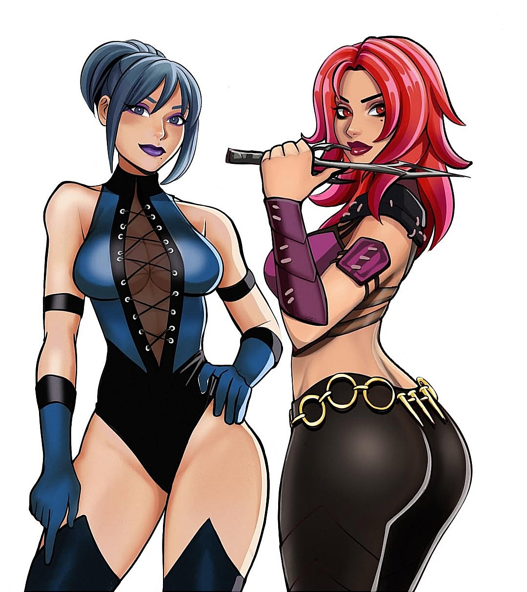 2d, ass, big, big ass, big breasts, blue eyes, blue hair, breasts, cosplay, dressed, fanart, fat ass, female, fit female, fortnite, fortnite: battle royale, gigis lab, hope (fortnite), kitana, kitana (cosplay), mortal kombat, sisters, tagme, valeria (fortnite), video games