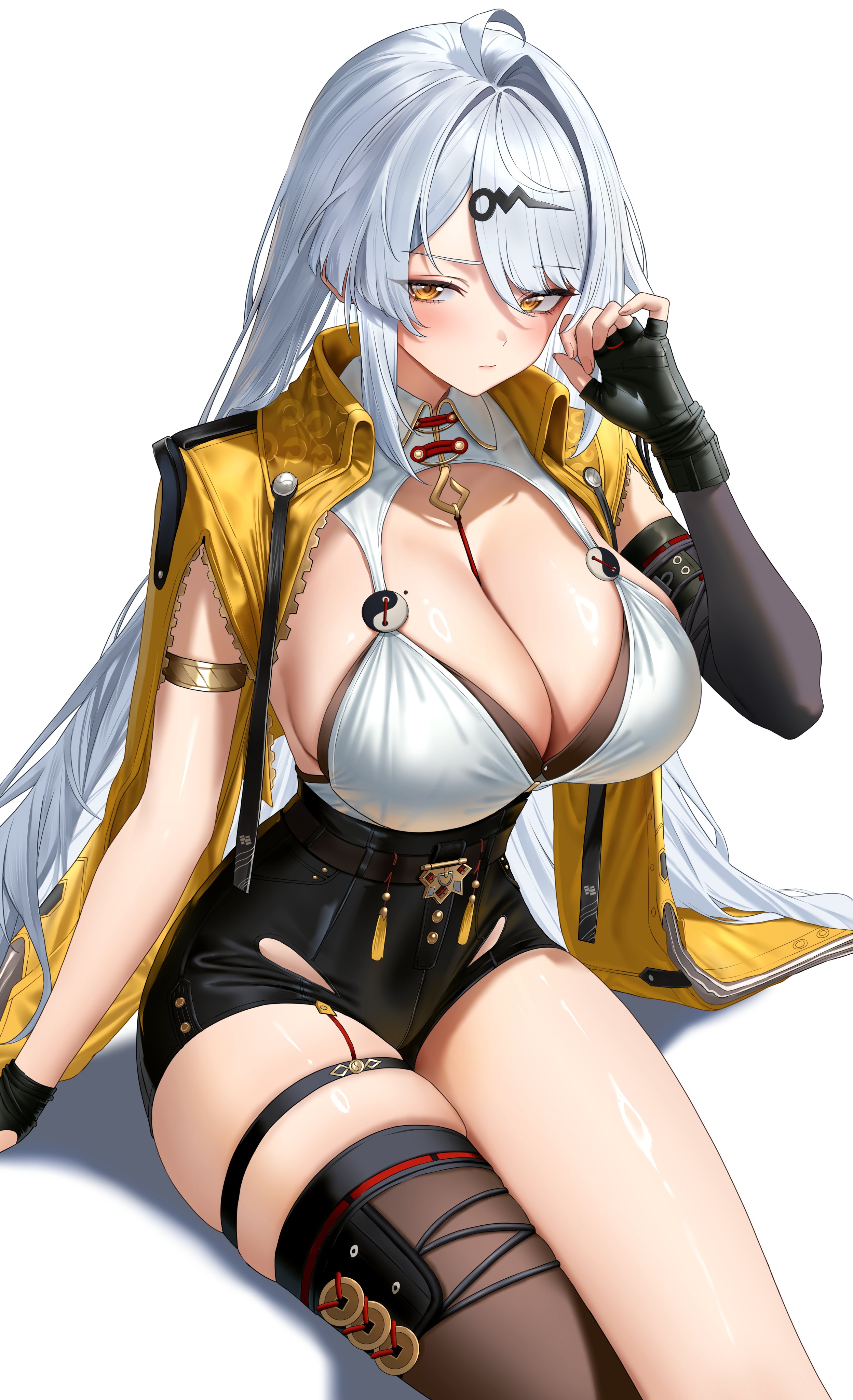1girls, absurdres, ahoge, armlet, asymmetrical gloves, black gloves, black shorts, black thighhighs, breasts, cleavage, closed mouth, collar, commentary, elbow gloves, female, female only, fingerless gloves, gloves, grey hair, high-waist shorts, highres, hirahiragi (h1rqg1), huge breasts, jacket, jewelry, long hair, looking at viewer, mole, mole on breast, open clothes, open jacket, shirt, shorts, single elbow glove, single hair intake, single thighhigh, skindentation, solo, thighhighs, thighs, uneven gloves, very long hair, white background, white collar, white shirt, yellow eyes, yellow jacket, yixuan (zenless zone zero), yunkui summit, zenless zone zero