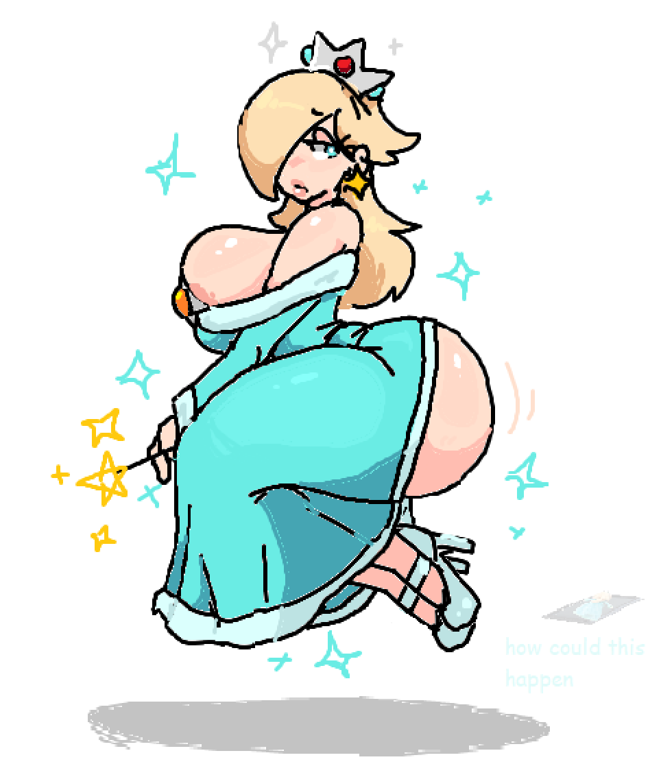 1girls, ass, ass out, ass window, bare ass, big butt, blonde hair, blue dress, blue eyes, boob squish, breasts, busty, butt squish, casual nudity, cleavage, clothed, crown, dress, exposed ass, female, female only, floating, footwear, high heels, huge ass, huge breasts, ineffective clothing, large ass, large breasts, mario (series), mature, mature female, milf, milkscrew, ms paint, no bra, no underwear, princess rosalina, revealing clothes, swiiiiitch, thick thighs, twitter, underass, wand