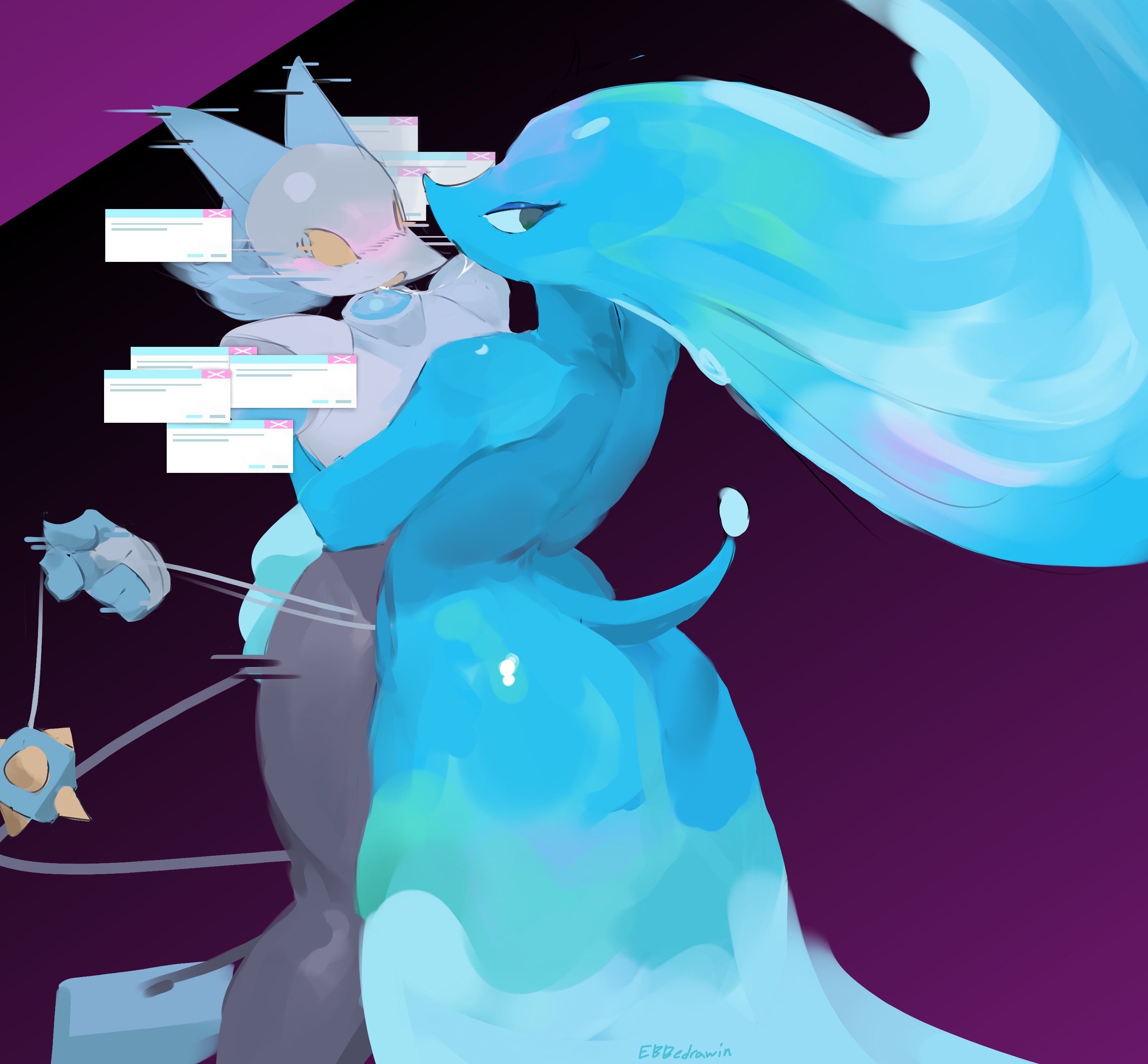 2girls, ass, big ass, blush, cat ears, deltarune, deltarune chapter 2, deltarune chapter 4, ebbedrawin, feline, female, female only, female/female, flustered, flustered female, girls kissing, hugging, kissing, lesbian, lesbian kiss, long hair, miss mizzle (deltarune), robot, robot girl, tail, tasque manager (deltarune), undertale (series), water, yuri