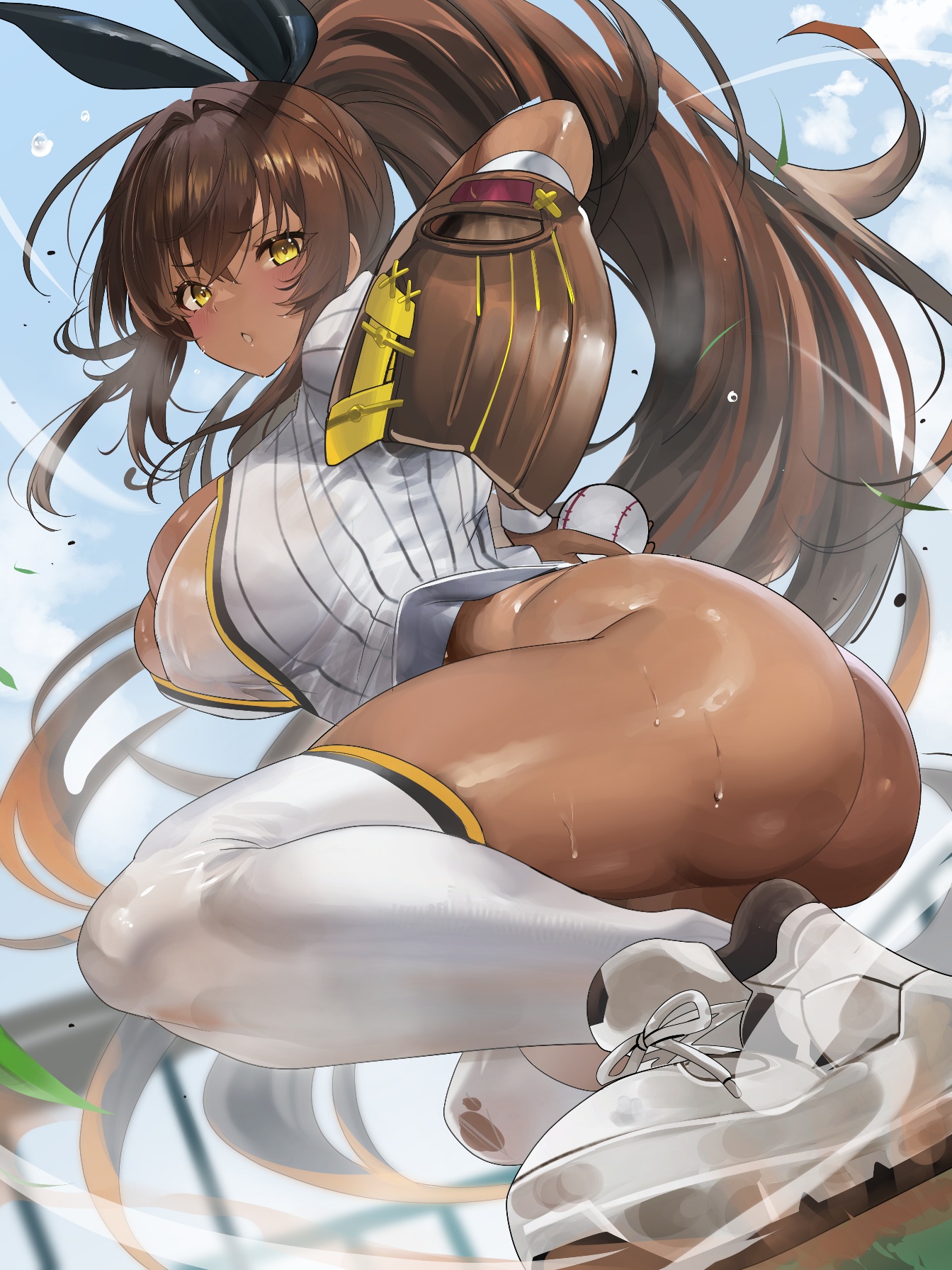 1girls, ass, blush, breasts, brown hair, cleavage, commentary, dark skin, dark-skinned female, female, female only, goddess of victory: nikke, hair ribbon, highres, huge ass, huge breasts, long hair, looking at viewer, no panties, noir (baseball cheerleader) (nikke), noir (nikke), ponytail, ribbon, shirt, shoes, short sleeves, sneakers, solo, sportswear, teddypocky, thick thighs, thighhighs, thighs, very long hair, white shirt, white thighhighs, yellow eyes