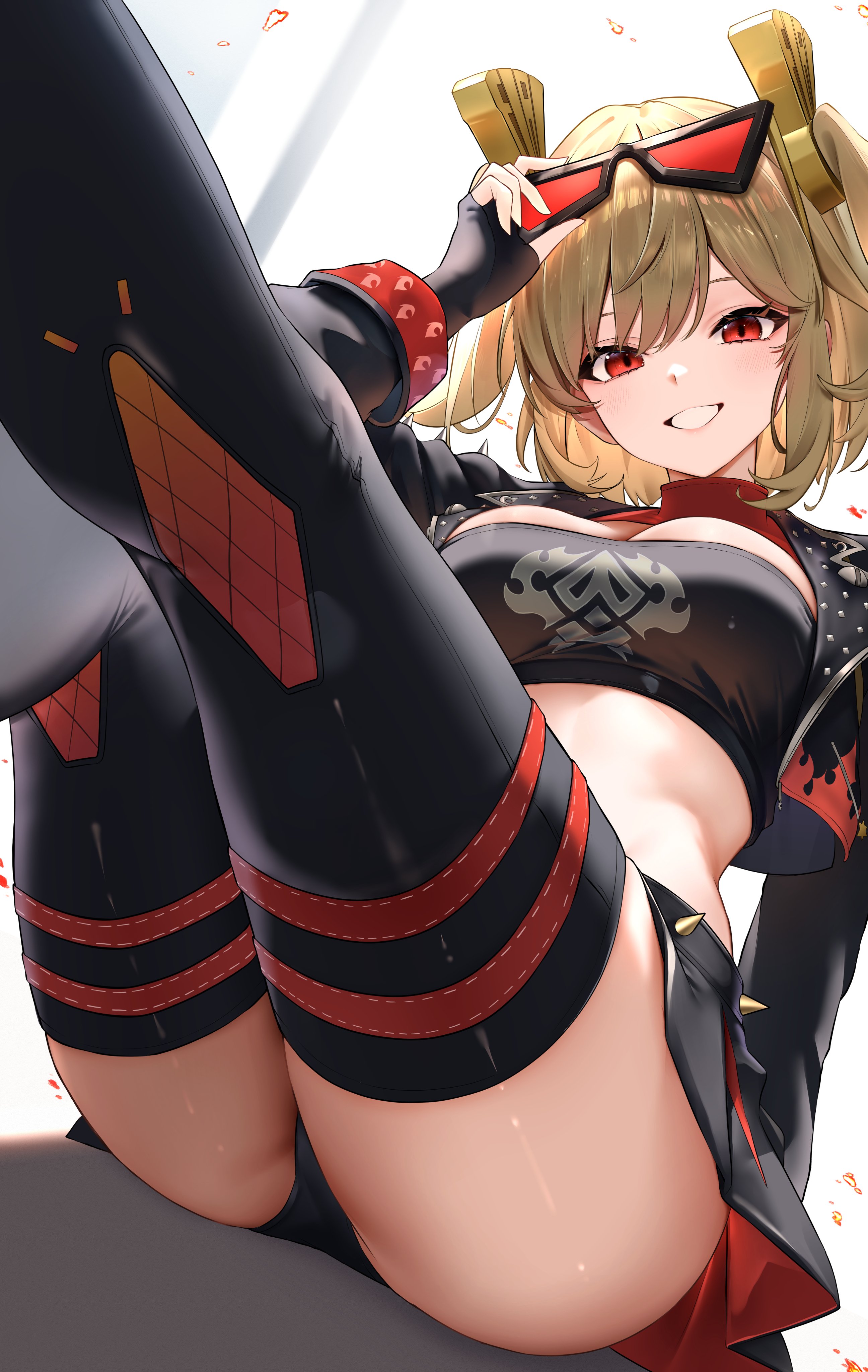 1girls, absurdres, black jacket, black panties, black thighhighs, black tube top, blonde hair, breasts, burnice white, cleavage, collar, commentary request, crop top, cropped jacket, eyewear on head, female, female only, flame print, grin, highres, hirahiragi (h1rqg1), jacket, large breasts, looking at viewer, open clothes, open jacket, orange eyes, orange-tinted eyewear, panties, red collar, smile, solo, stomach, strapless, thighhighs, thighs, tinted eyewear, tube top, underwear, zenless zone zero