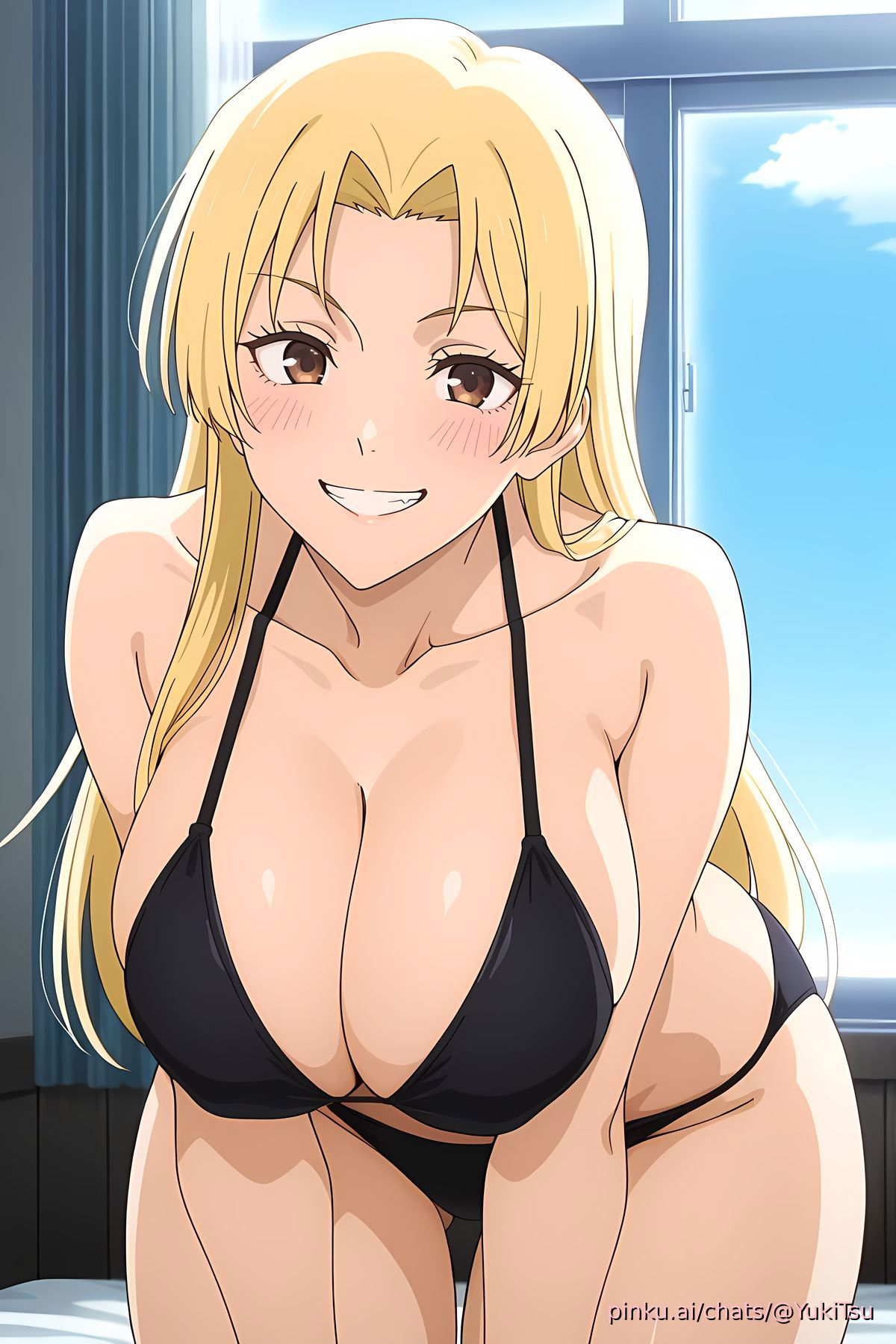 ai generated, bed, big breasts, black bikini, breasts, female, jujutsu kaisen, leaning forward, tagme, yellow hair, yuki tsukumo
