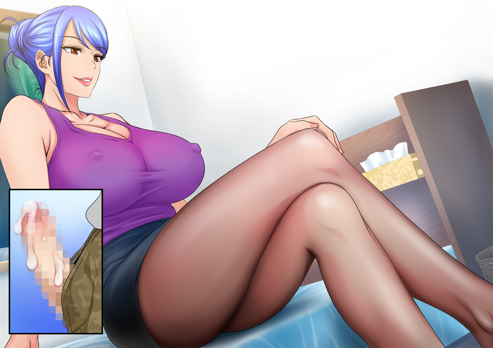 1girls, armpits, ass, bed, bed sheet, bedroom, blouse, blue hair, breasts, brown hair, censored, cleavage, clothed, crossed legs, curvaceous, curvy, dripping cum, female, huge breasts, human, indoors, large breasts, lipstick, male, mature, mature female, milf, pantyhose, penis, pleated skirt, sitting on bed, thick thighs, tied hair, upside-down (artist), wide hips