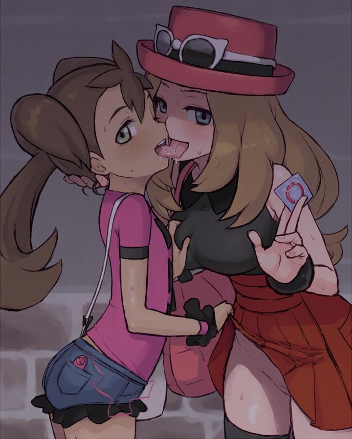 10s 2girls black_shirt black_thighhighs blonde_hair blue_eyes blush breasts brown_hair chiwino clothes_lift come_hither condom condom_wrapper dark-skinned_female dark_skin denim denim_shorts discreet_vibrator eyewear_on_head female female_focus female_pubic_hair flat_chest french_kiss frilled_shorts frills game_freak grabbing_another's_breast green_eyes groping hat holding holding_condom kissing large_breasts lifting_another's_clothes long_hair looking_at_viewer multiple_girls naughty_face nintendo no_panties open_mouth pink_shirt pleated_skirt pokemon pokemon_xy presenting prostitution pubic_hair pussy quad_tails red_skirt remote_control_vibrator saliva serena_(pokemon) sex_toy shauna_(pokemon) shirt short_shorts shorts skirt skirt_lift sleeveless sleeveless_shirt smile sunglasses sunglasses_on_head sweat teeth thighhighs tongue tongue_out twintails upper_teeth_only upskirt vibrator vibrator_cord vibrator_under_clothes young yuri