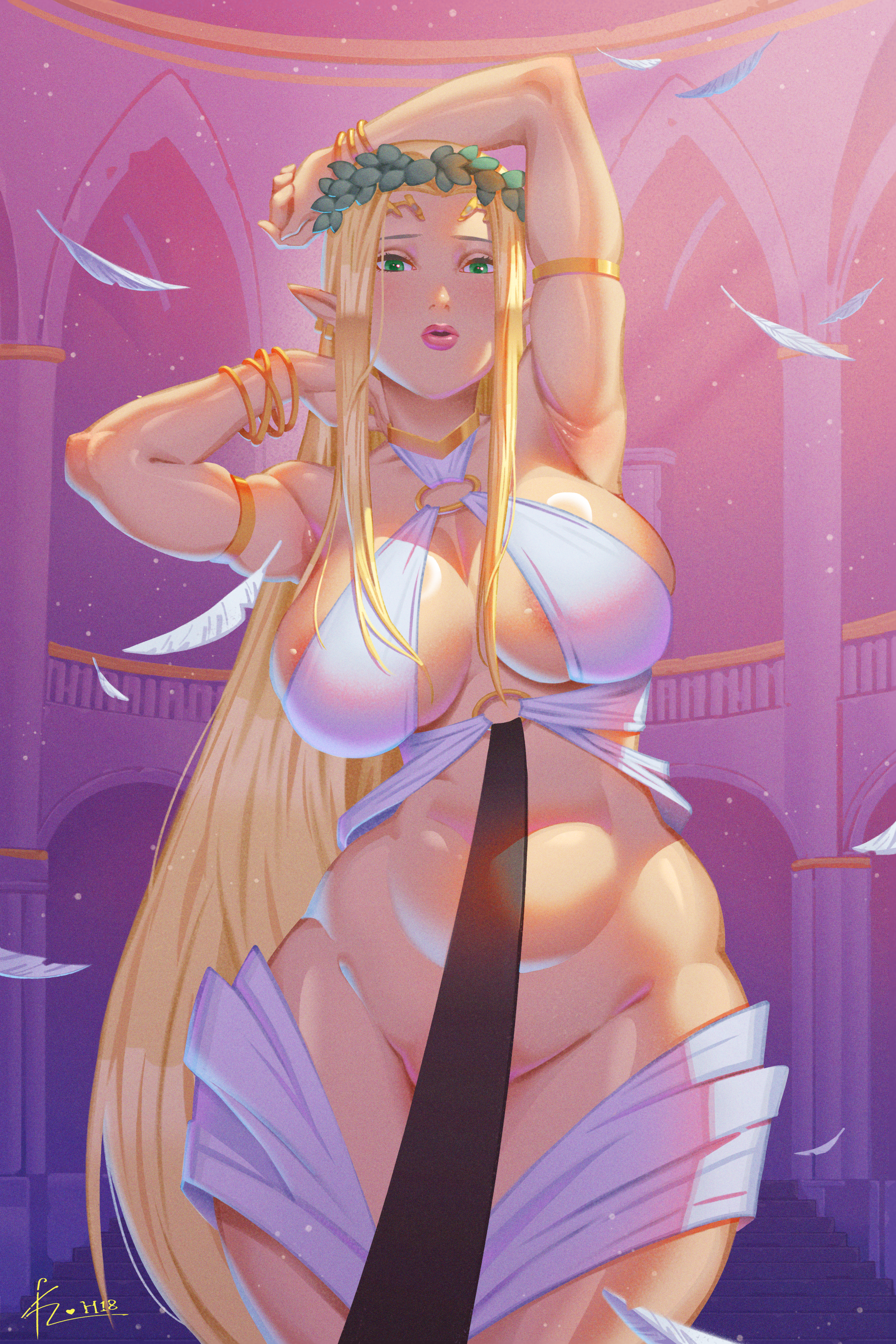 1girls, 2024, arm over head, big breasts, blonde hair, breasts, celestine lucross, elf, elf ears, elf female, female, female only, green eyes, koh18, kuroinu ~kedakaki seijo wa hakudaku ni somaru~, laurel crown, long hair, looking at viewer, o-ring, o-ring top, pink lips, shaded, skimpy, skimpy clothes, solo, very high resolution, wide hips