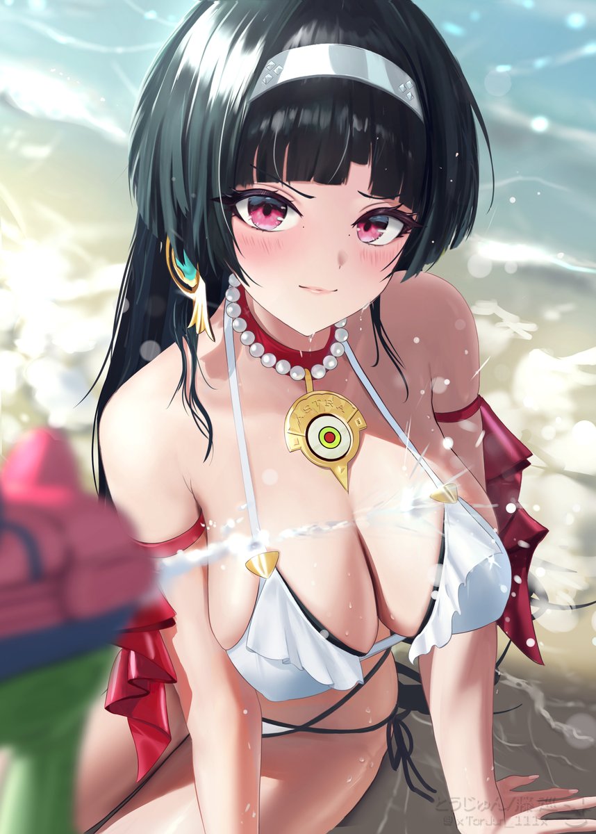 1girls, astra yao, bare shoulders, beach, bikini, black hair, blurry, blurry background, blurry foreground, blush, breasts, cleavage, earrings, female, female only, highres, holding, holding water gun, jewelry, large breasts, necklace, ocean, outside, pov, red eyes, sand, side-tie bikini bottom, solo focus, swimsuit, torjun 111, water gun, white bikini, zenless zone zero