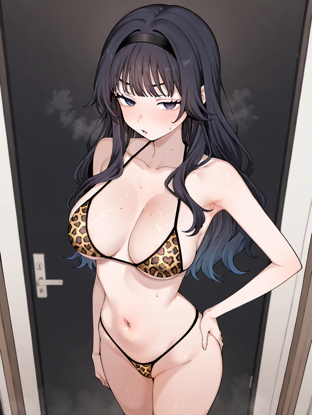 ai generated, bangs, bikini thigh strap, black hair, blue eyes, blush, breasts, cleavage, curvy, detailed, embarrassed, expression, female, flat stomach, headband, indoors, kaoru hana wa rin to saku, large breasts, leopard print, leopard print bikini, long hair, looking at viewer, micro bikini, pose, seductive, solo, standing, sweat, underboob, waguri kaoruko, wet skin