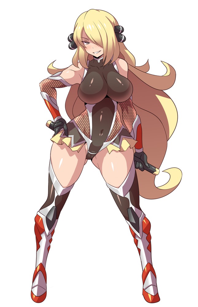 1girls alternate_breast_size alternate_costume alternate_outfit anime_style blonde_hair blush breasts cosplay crossover cynthia_(pokemon) eye_contact game_freak grin hair_over_one_eye half-closed_eyes holding_sword holding_weapon huge_breasts human human_only igawa_sakura impossible_clothes konno_tohiro large_breasts leotard long_hair looking_at_viewer naughty_face nintendo pokemon pokemon_dppt revealing_clothes seductive seductive_smile smile solo source_request sword taimanin_asagi thick_thighs thigh_gap underwear weapon white_background wide_hips