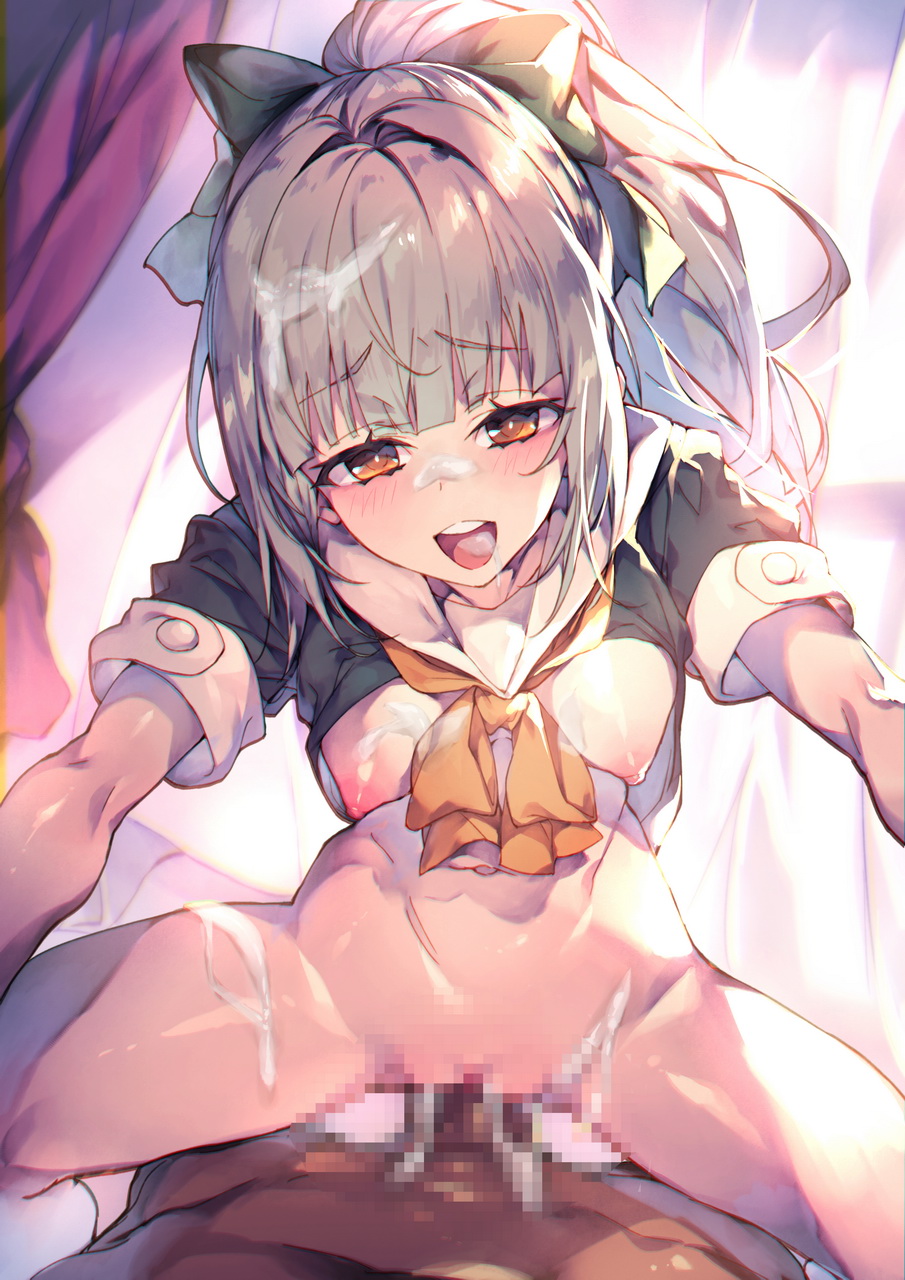 1boy bangs blush bow breasts censored cowgirl_position cum cum_on_body cum_on_hair female green_bow grey_hair hairbow highres kantai_collection long_hair looking_at_viewer medium_breasts mosaic_censoring navel nipples open_mouth orange_eyes penis ponytail pussy redcomet sailor_collar school_uniform serafuku sex shirt_lift smile solo_focus straddling straight vaginal_penetration yellow_neckwear yuubari_(kantai_collection)