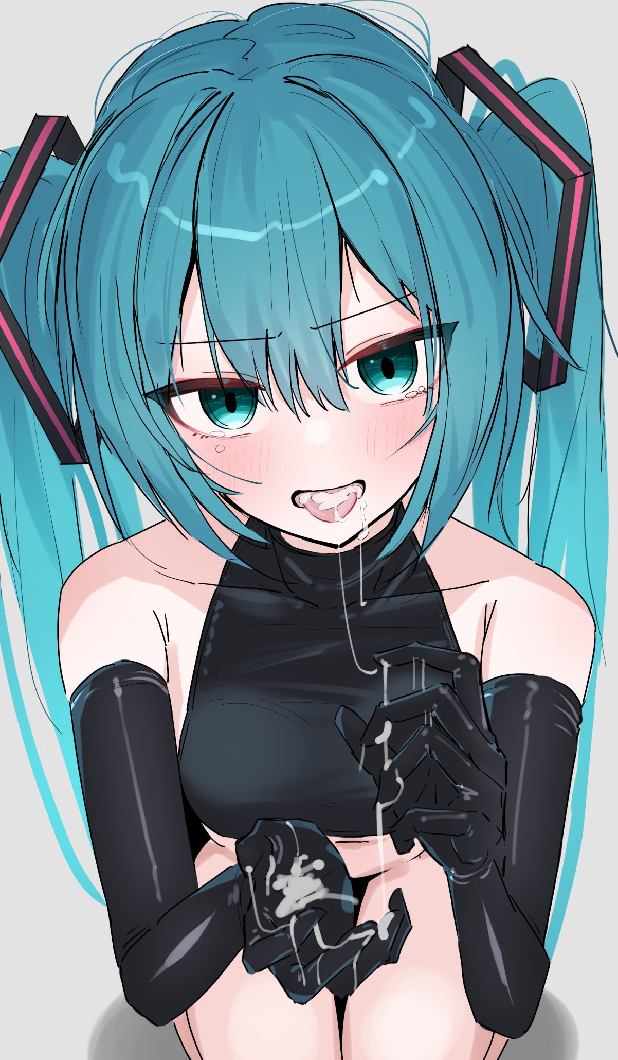 1girl, 1girls, 2d, after fellatio, after oral, aqua eyes, aqua hair, bangs, bare shoulders, black gloves, black shoulder length gloves, black topwear, blue hair, blush, breasts, collarbone, cum, cum drip, cum in hands, cum in mouth, cum on fingers, cum on hands, cum on tongue, elbow gloves, exposed shoulders, eyebrows visible through hair, female, gloves, grey background, hair between eyes, hair ornament, hatsune miku, latex gloves, light skin, light-skinned female, long hair, looking at viewer, medium breasts, on knees, open mouth, pov, seiza, shoulder length gloves, simple background, solo, thinker2525, tongue, tongue out, twintails