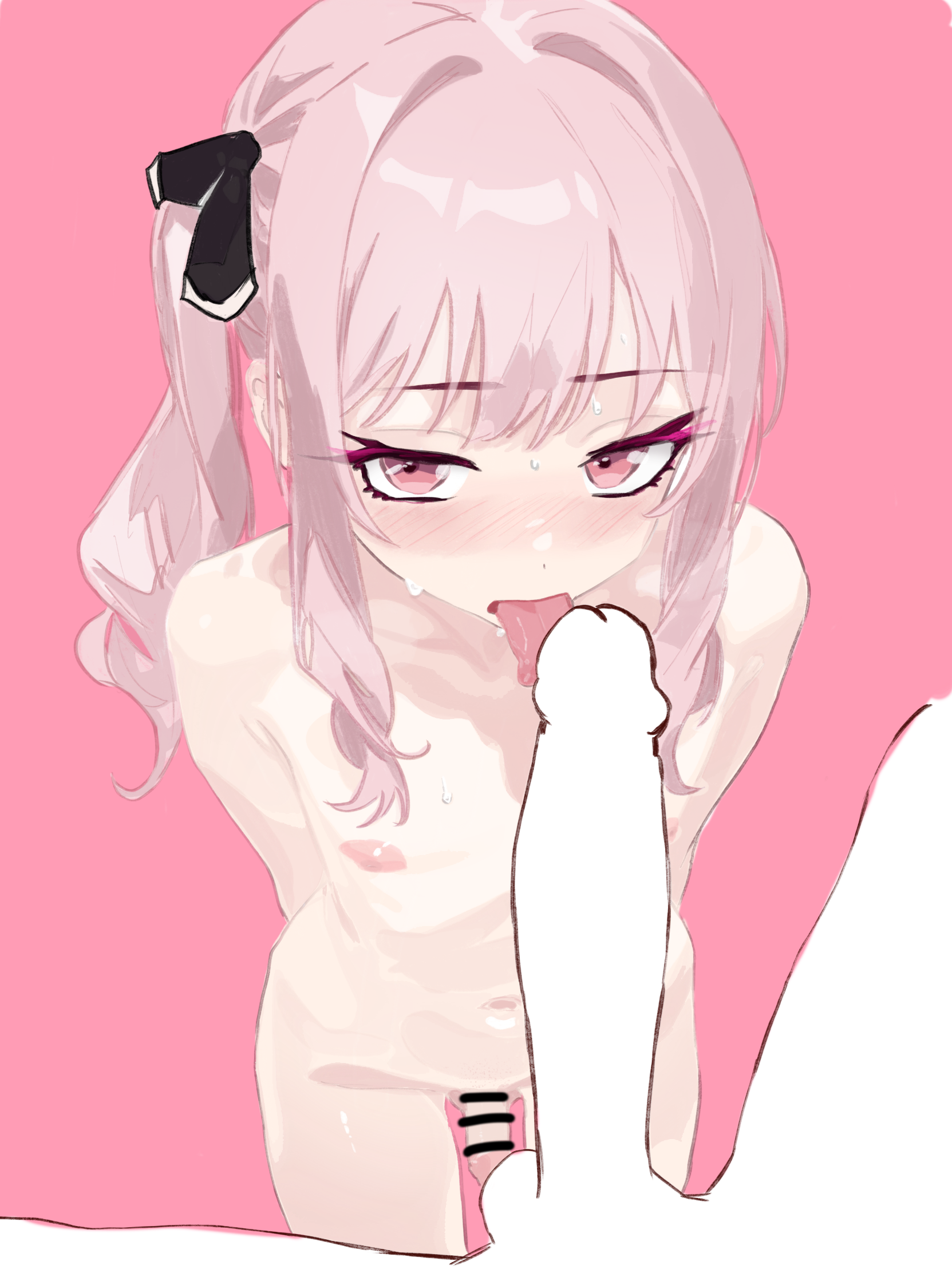 akiyama mizuki, arms behind back, bar censor, blank censor, blush, censored, completely nude, erection, fellatio, flaccid, from above, highres, licking, licking penis, looking at viewer, male, male focus, navel, nipples, nude, oral, penis, penis size difference, pink background, pink eyes, pink hair, project sekai, side ponytail, simple background, size difference, small penis, smaller male, solo focus, standing, standing fellatio, sweat, tongue, tongue out, trans woman, triangular anus, zhan jie wang