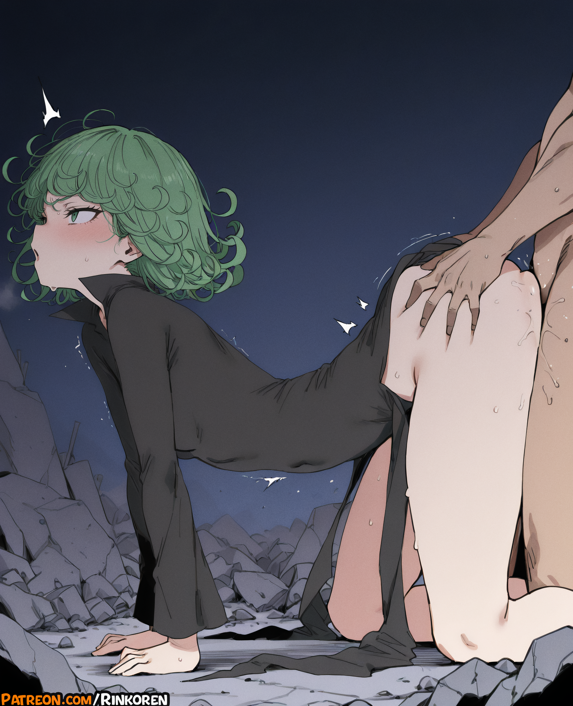 1boy, 1girls, 2025, ai assisted, ai generated, all fours, anime, anime girl, anime style, artist name, ass, ass grab, black dress, blush, breasts, clothed female nude male, clothed sex, covered navel, curly hair, doggy style, dress, female, from side, green eyes, green hair, hi res, high quality, high resolution, highres, long sleeves, male, no panties, nude, one-punch man, open mouth, patreon, patreon username, petite, rinkoai, sex, sex from behind, short hair, small breasts, solo focus, straight, sweat, tatsumaki, uncensored, watermark