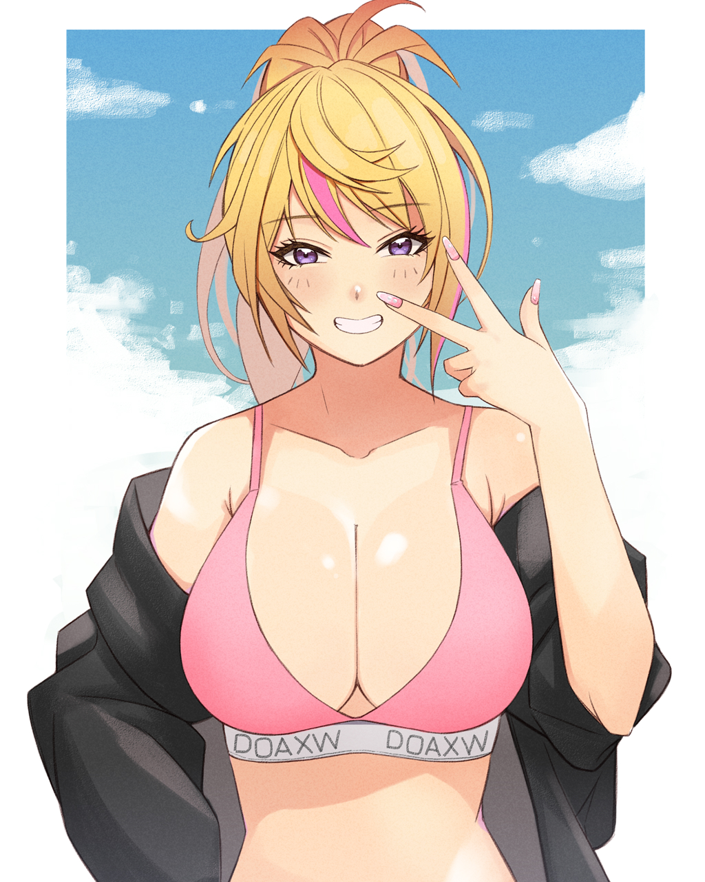 1girls, alluring, big breasts, blonde hair, breasts, cleavage, dead or alive, female, konishiki (52siki), lavender eyes, open sweater, pin up, solo, sports bra, tecmo, yukino (doa)