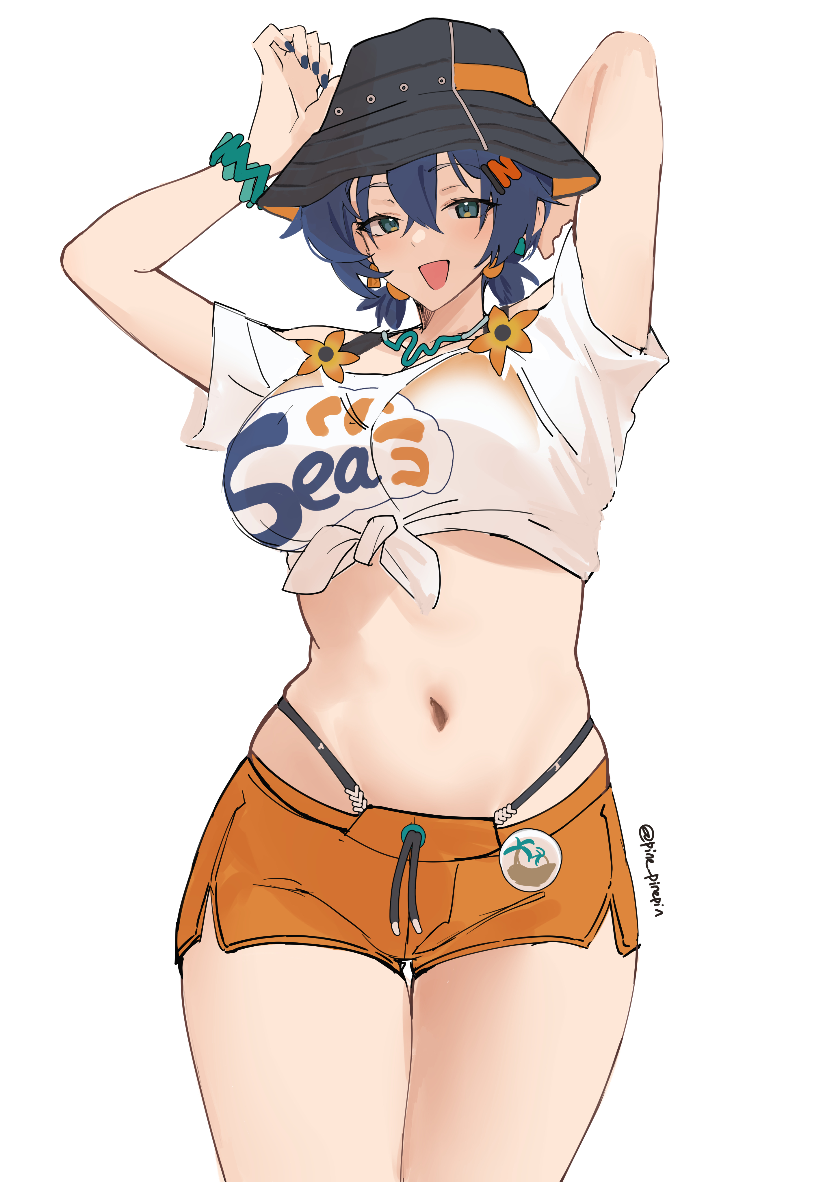 1girls, absurdres, alternate costume, belle (summer skies) (zenless zone zero), belle (zenless zone zero), blue hair, bucket hat, dark blue hair, female, female only, fisherman hat, green eyes, hair ornament, hat, highres, letter hair ornament, navel, official alternate costume, orange shorts, pinepin, see-through, see-through clothing, see-through shirt, shirt, short hair, shorts, simple background, swimwear, tied shirt, twintails, white background, white shirt, zenless zone zero