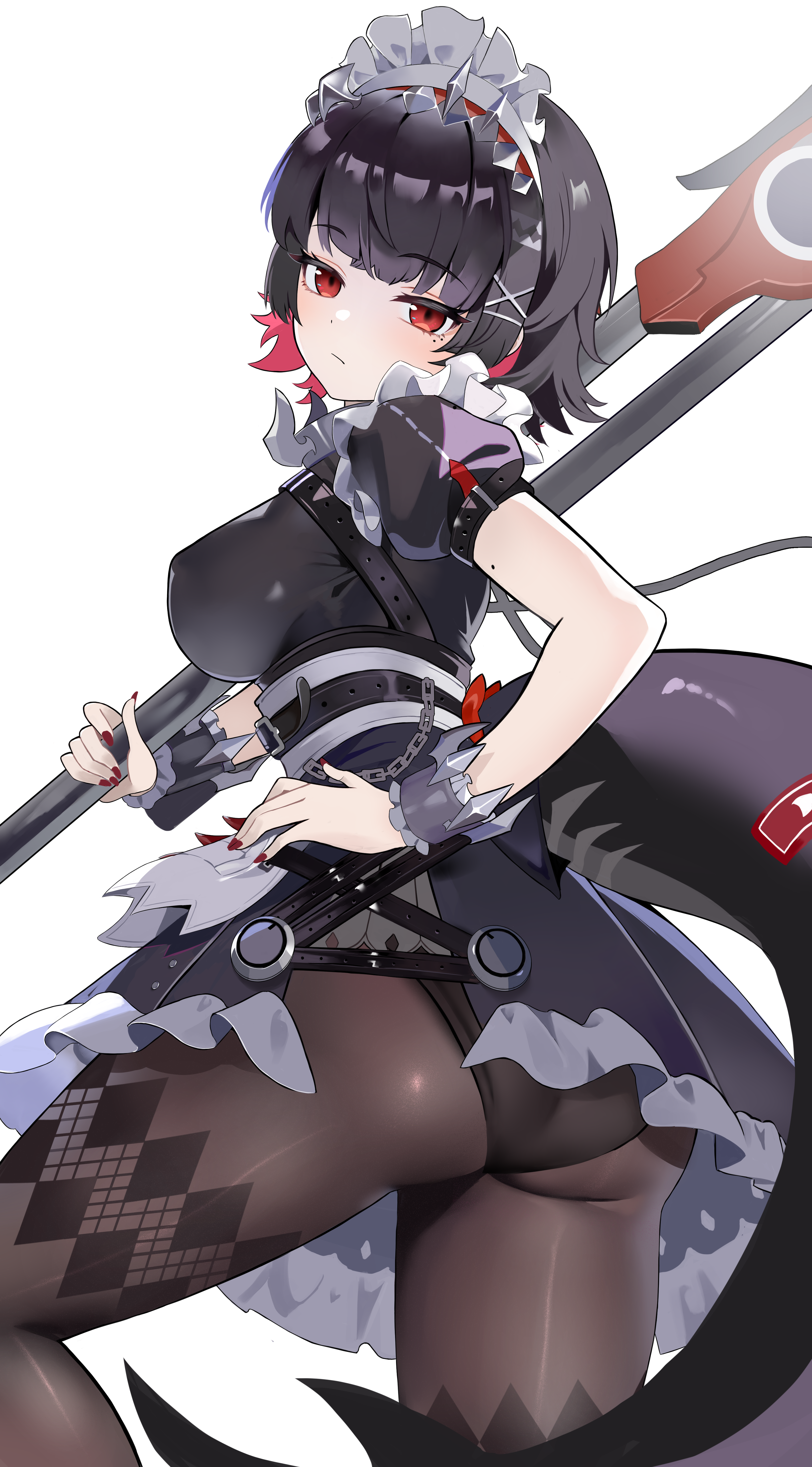 1girls, absurdres, artist request, ass, belt, black belt, black dress, black hair, black panties, black pantyhose, breasts, chest harness, collar, colored inner hair, commentary request, dress, ellen joe, female, female only, fins, fish tail, from behind, hair ornament, hairband, hairpin, harness, highres, holding, holding weapon, knee up, korean commentary, large breasts, looking at viewer, looking back, maid, maid headdress, metal hairband, mole, mole on arm, mole under eye, multicolored hair, nail polish, panties, pantyhose, puffy short sleeves, puffy sleeves, red eyes, red hair, red nails, shark girl, shark tail, short sleeves, solo, spiked collar, spikes, tail, thaba, underwear, weapon, wrist cuffs, x hair ornament, zenless zone zero