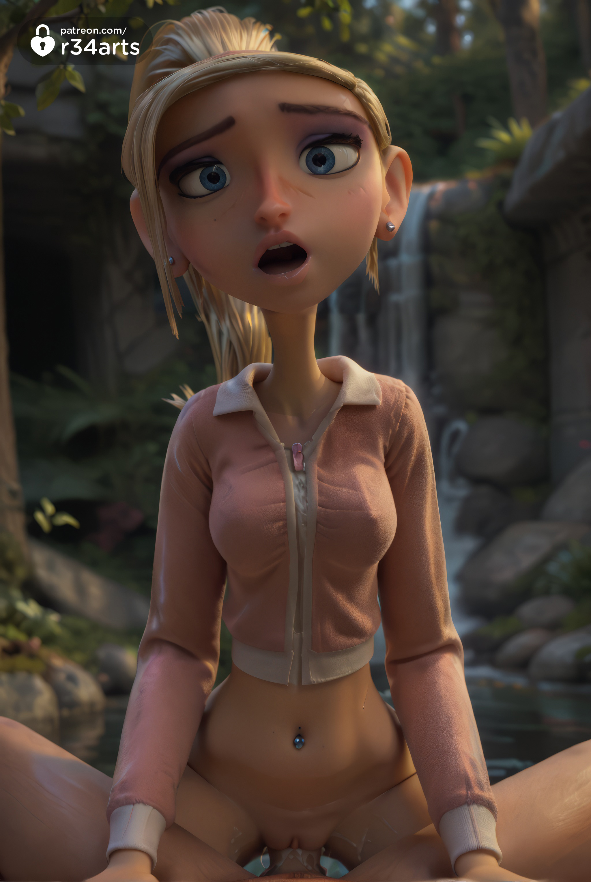 1boy, 1girls, ai generated, blonde hair, blue eyes, blurry, bottomless, breasts, courtney babcock, cowgirl position, cum, cum in pussy, earrings, female, freckles, hi res, jacket, jewelry, laika studios, long hair, looking at viewer, makeup, male, navel, navel piercing, open mouth, outdoors, paranorman, penis, piercing, ponytail, pov, pussy, r34arts, sex, solo focus, spread legs, straddling, straight, uncensored, vaginal penetration, vaginal sex, water