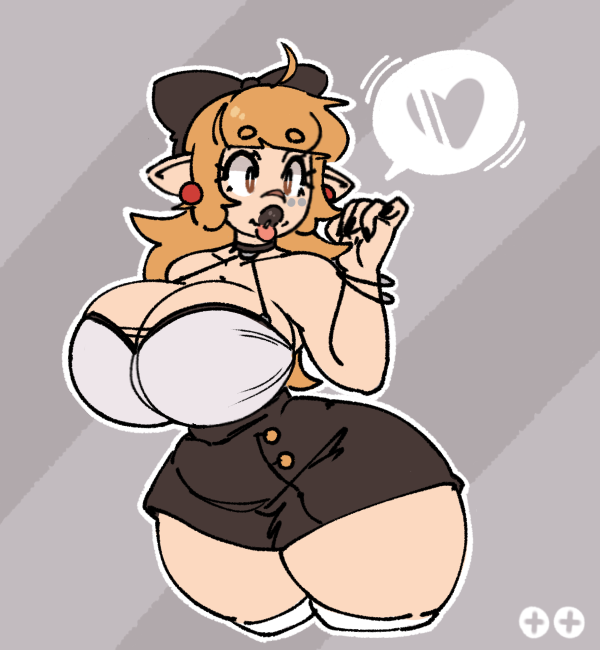 ass, big ass, big breasts, big butt, bimbo, bimbo lips, black bow, black bra, black choker, black fingernails, black skirt, blonde hair, breasts, earrings, elf, elf female, female, hazel eyes, milkscrew, milkscrew (swiiiiitch), painted nails, red earrings, small waist, swiiiiitch, thick thighs, thighhighs, white bra